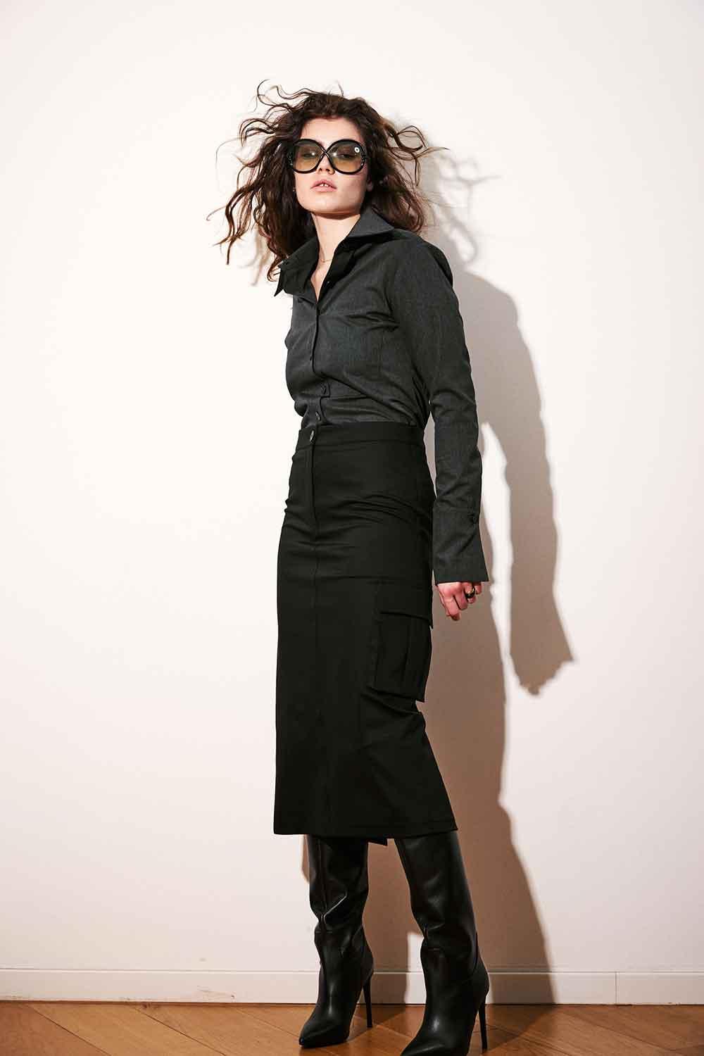 Agic-Düşük Bel Kargo Cepli Midi Boy Etek-Etek-5-Milagron.com