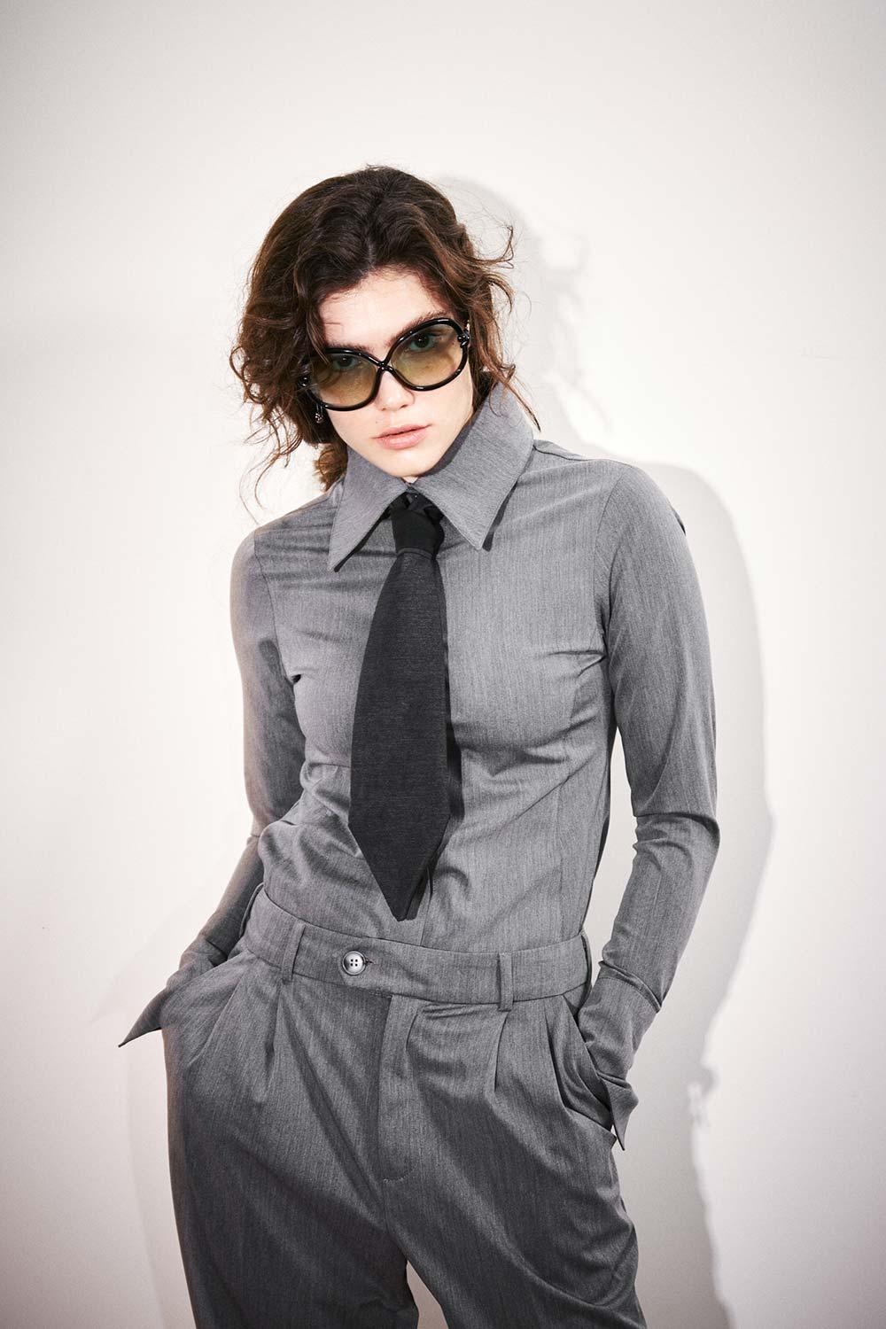 Agic-Gri Sivri Yaka Geniş Manşetli Gömlek-Gömlek-1-Milagron.com