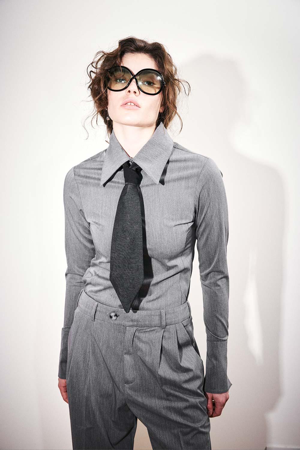 Agic-Gri Sivri Yaka Geniş Manşetli Gömlek-Gömlek-2-Milagron.com