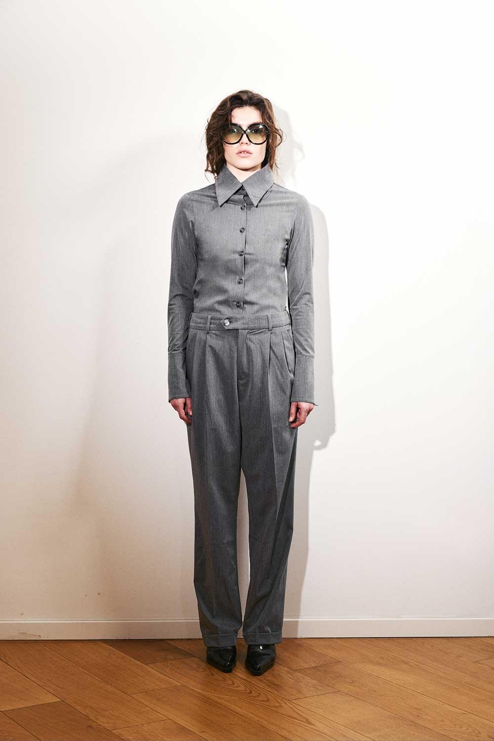 Agic-Gri Sivri Yaka Geniş Manşetli Gömlek-Gömlek-7-Milagron.com