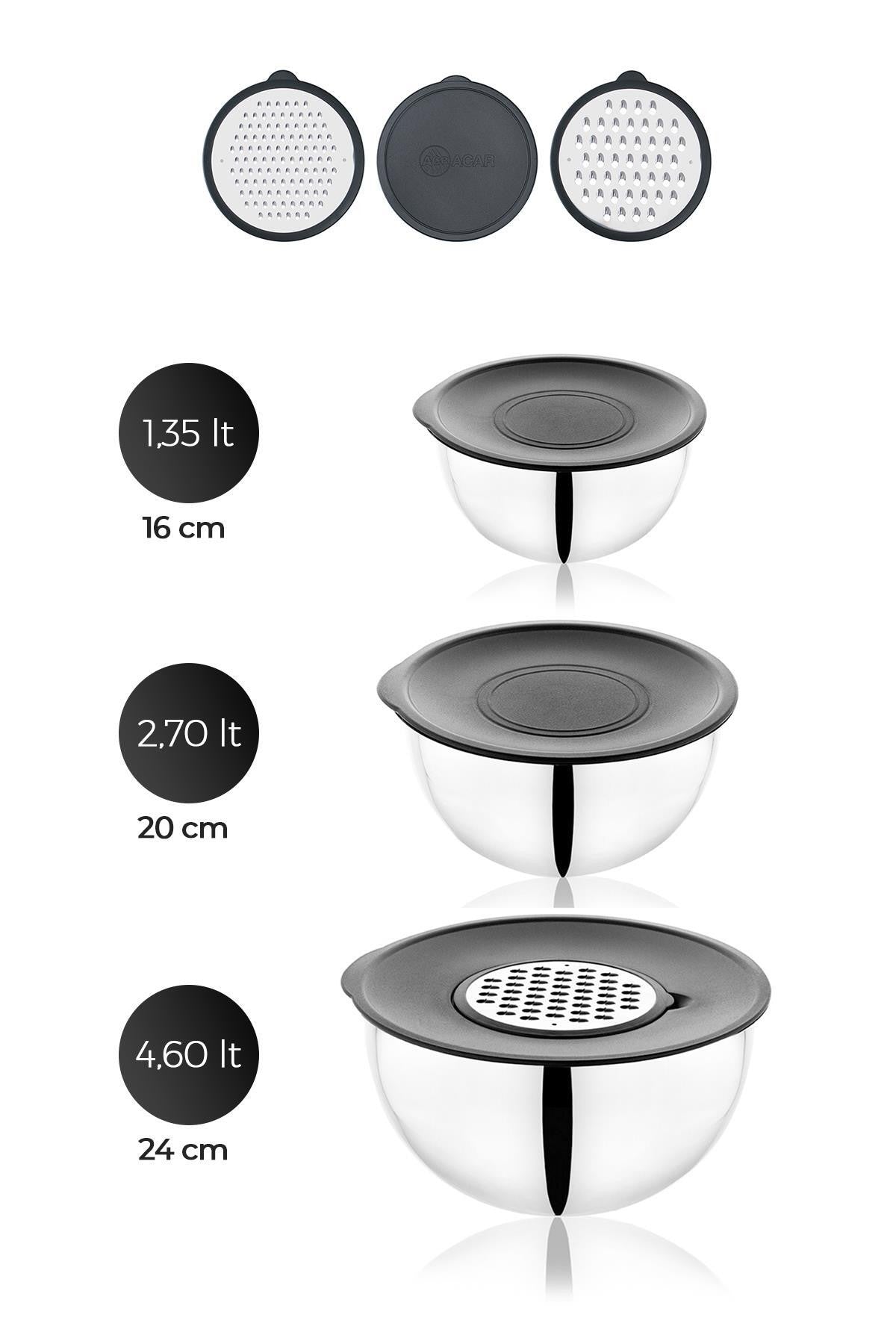 PratikŞef 9 Parça Rendeli Karıştırma ve Saklama Kabı Paslanmaz Çelik Blender Uyumlu (16-20-24 cm)
