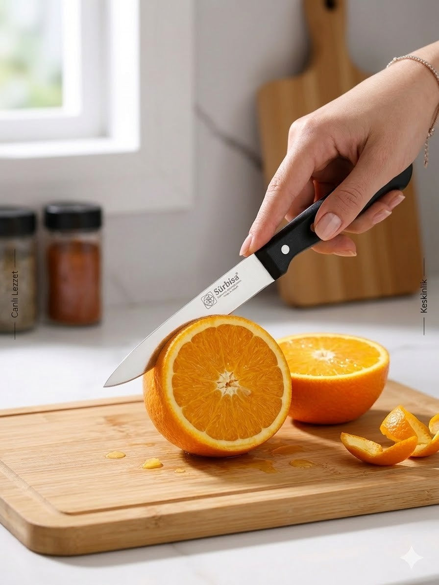 Sürmene Meyve Sebze Mutfak Bıçağı 20 Cm Paslanmaz Çelik Keskin Pimli Siyah Bıçak Sürbisa 61004-P