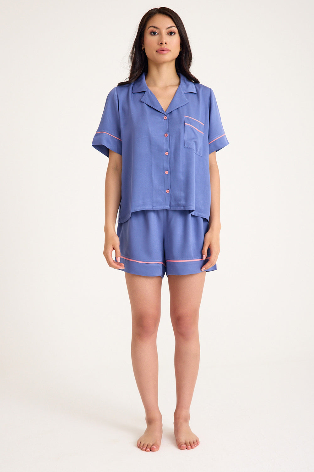 Dream Gri Mavi Viskon Kumaş Maskülen Şort Pijama Takım - 0