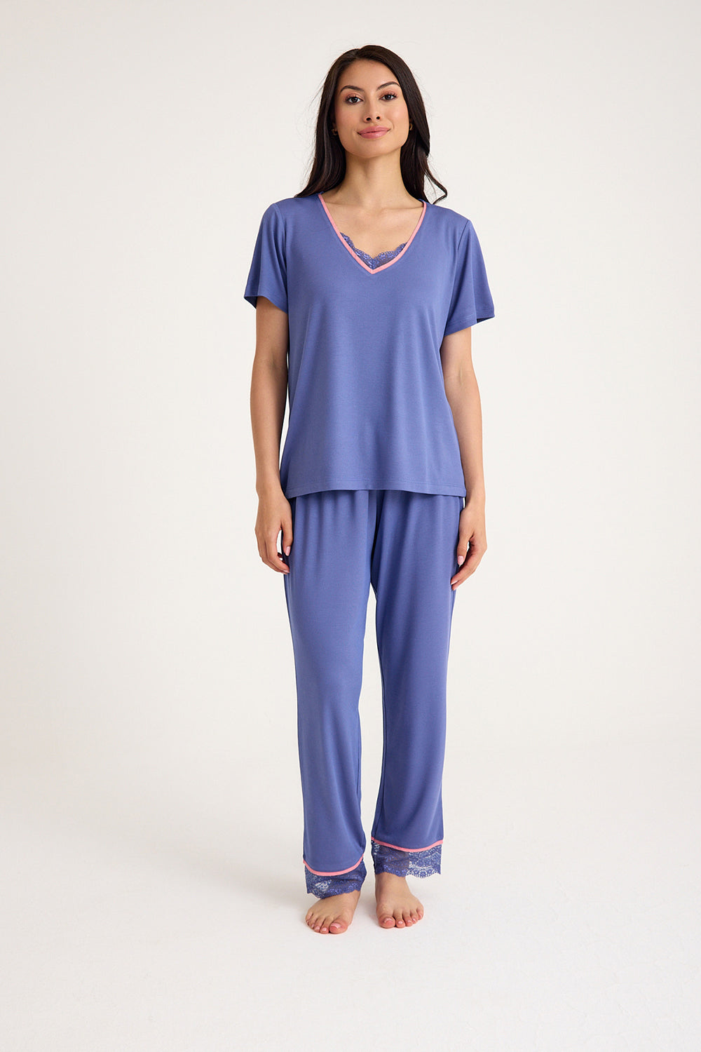 Dream Gri Mavi Viskon Kumaş Pijama Takım - 0