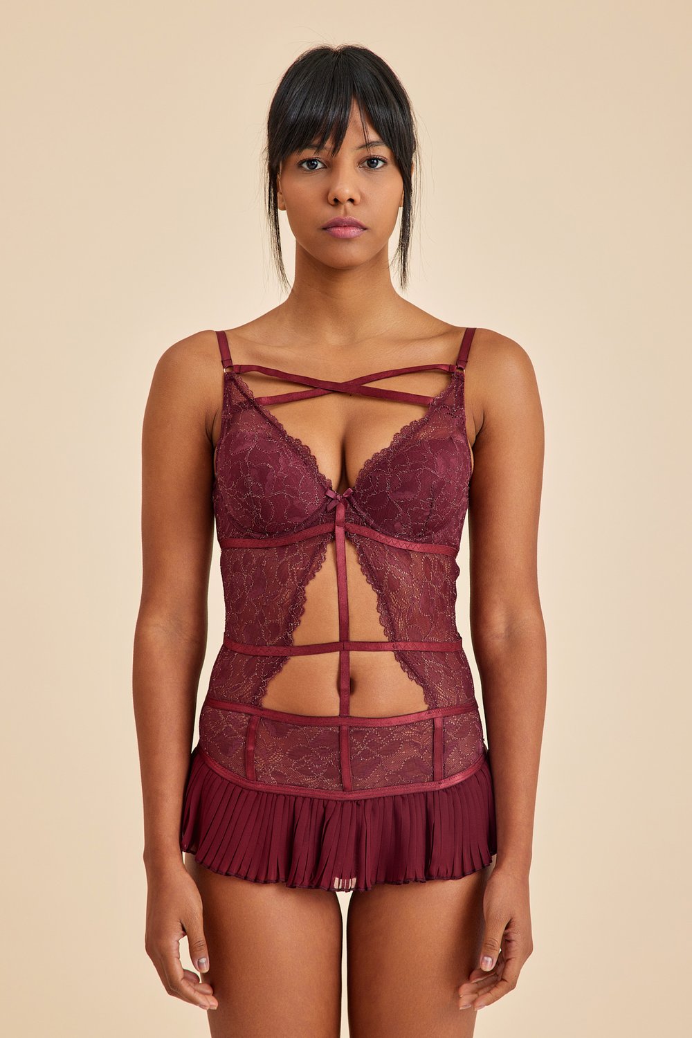 Amarelle-Roma Bordo Balenli Dantel Detaylı Babydoll-Babydoll-1-Milagron.com