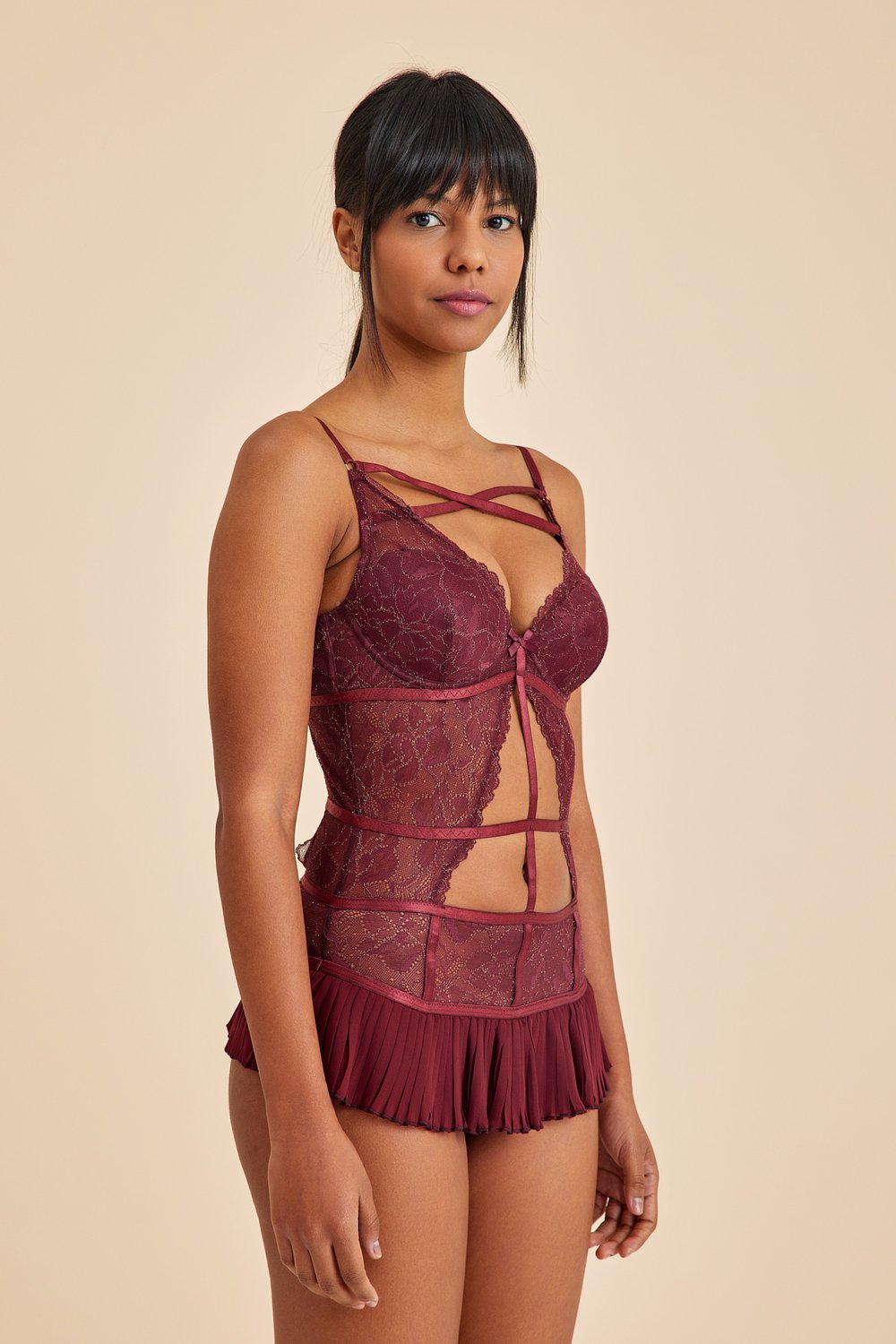 Amarelle-Roma Bordo Balenli Dantel Detaylı Babydoll-Babydoll-3-Milagron.com