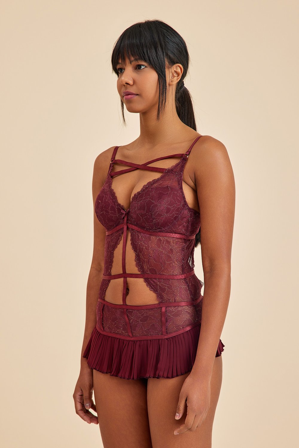 Amarelle-Roma Bordo Balenli Dantel Detaylı Babydoll-Babydoll-4-Milagron.com