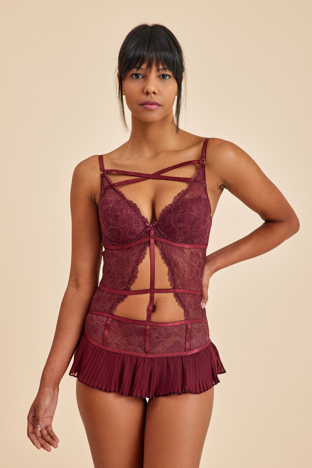 Amarelle-Roma Bordo Balenli Dantel Detaylı Babydoll-Babydoll-5-Milagron.com