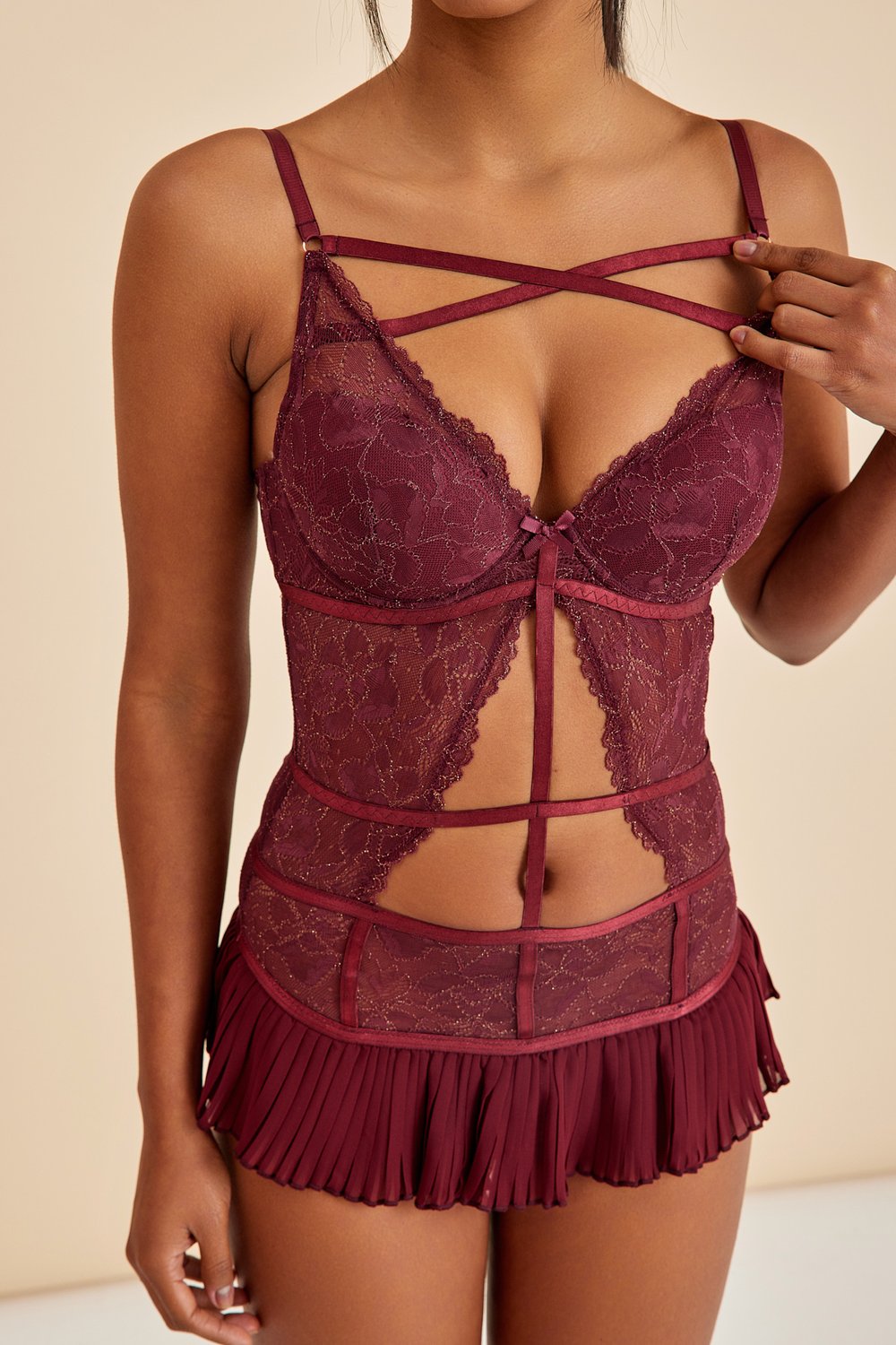 Amarelle-Roma Bordo Balenli Dantel Detaylı Babydoll-Babydoll-7-Milagron.com