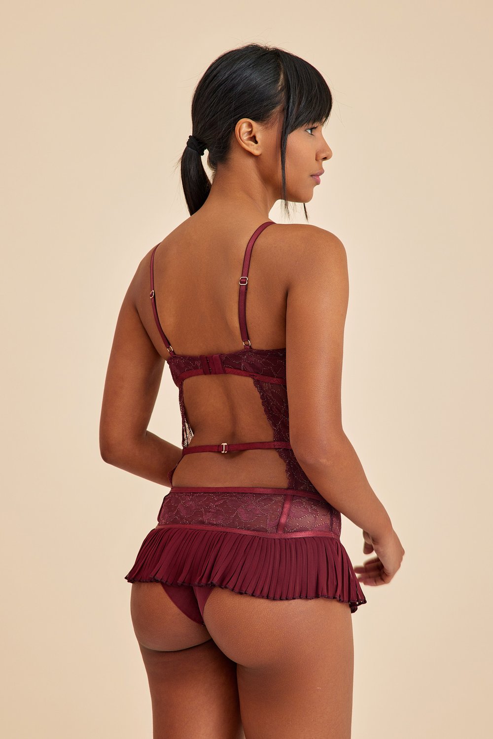 Amarelle-Roma Bordo Balenli Dantel Detaylı Babydoll-Babydoll-8-Milagron.com