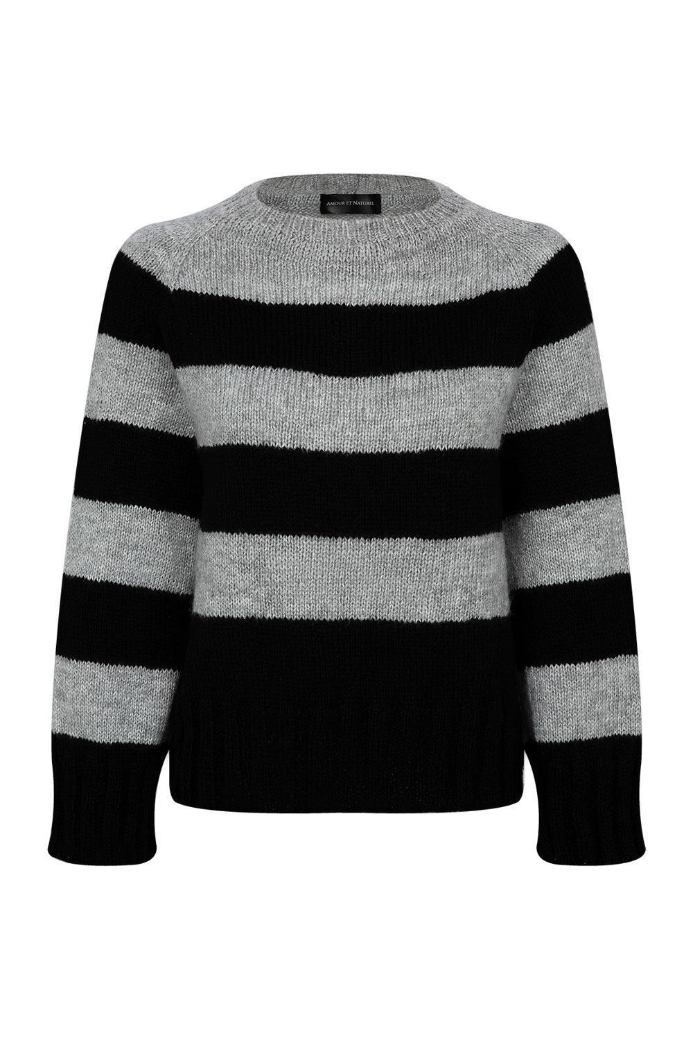 Amour Et Naturel-Bisiklet Yaka Çizgili Kazak Siyah-Kazak & Triko-1-Milagron.com