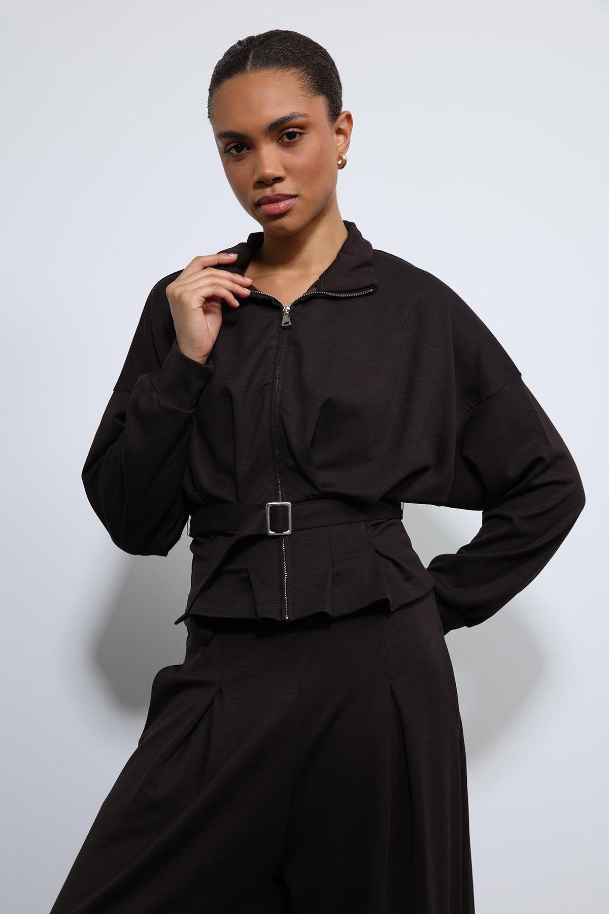 Antioch-Acı Kahve Bel Kemerli Geniş Paça Pantolonlu Takım-Takım-3-Milagron.com