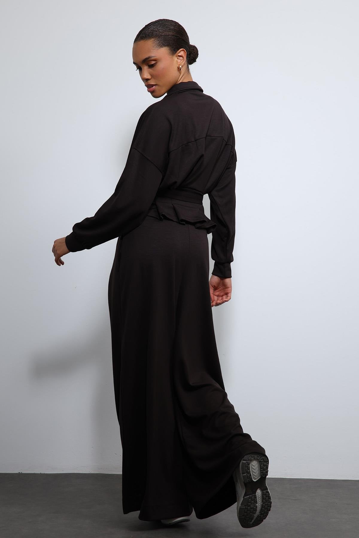 Antioch-Acı Kahve Bel Kemerli Geniş Paça Pantolonlu Takım-Takım-6-Milagron.com