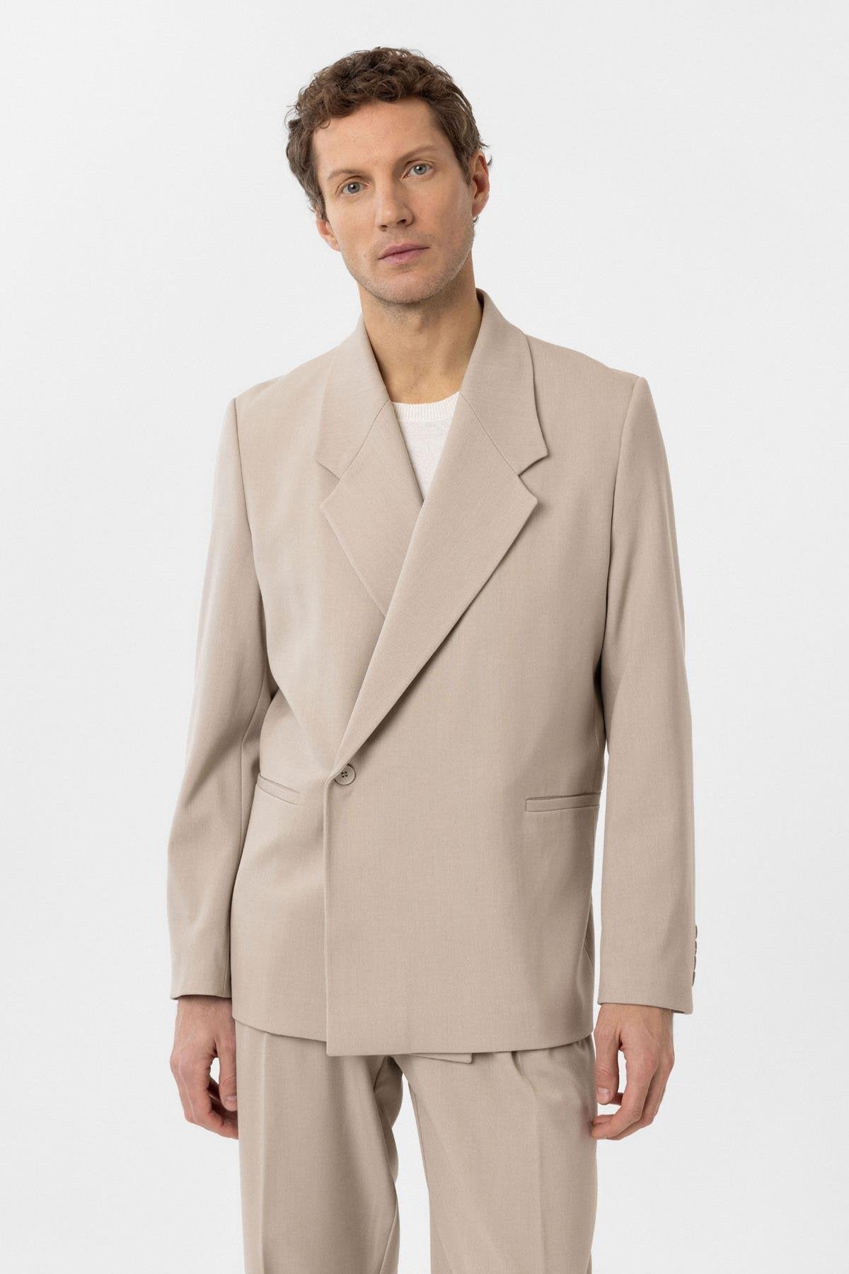 Antioch-Antioch Açık Bej Kruvaze Kapama Fleto Cepli Erkek Blazer Ceket-Blazer Ceket-1-Milagron.com