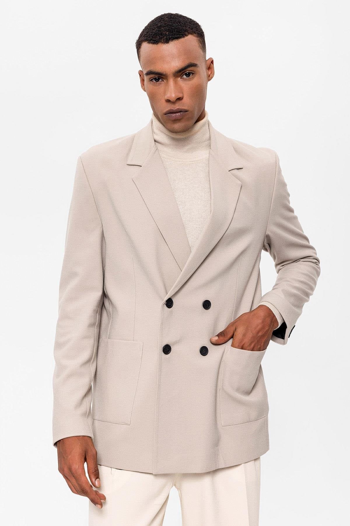Antioch-Açık Bej Torba Cepli Kruvaze Erkek Blazer Ceket-Blazer Ceket-1-Milagron.com