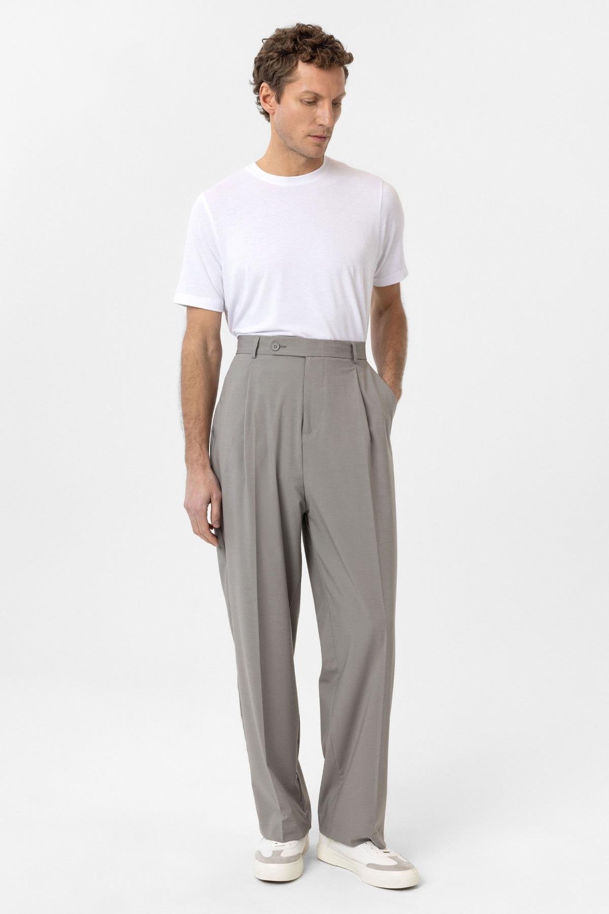 Antioch-Açık Gri Baggy Yüksek Bel Erkek Kumaş Pantolon-Kumaş Pantolon-3-Milagron.com