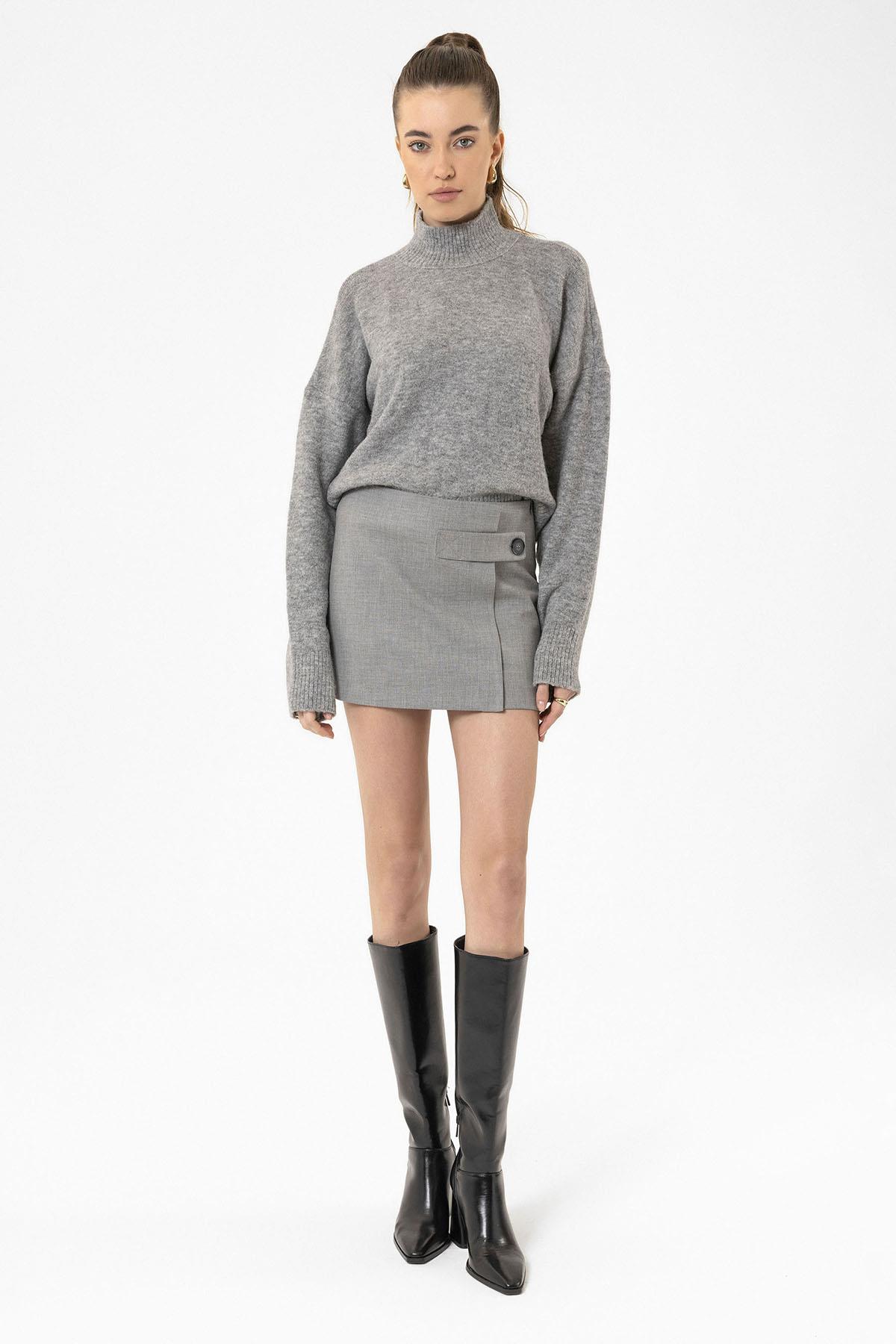 Antioch-Açık Gri Kadın Düğme Detaylı Mini Etek-Etek-2-Milagron.com