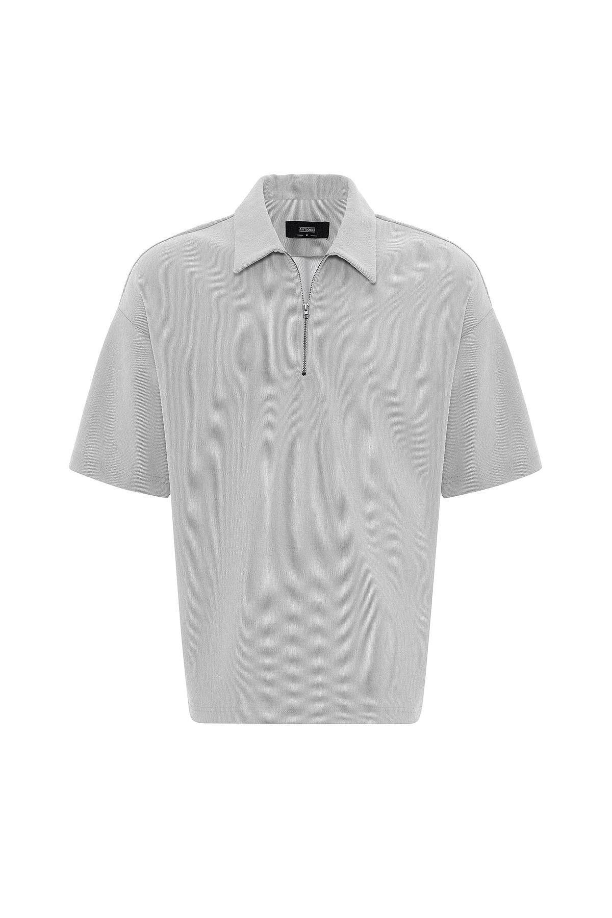 Antioch-Açık Gri Relax Fit Fermuarlı Polo Yaka Erkek T Shirt-T-Shirts-5-Milagron.com