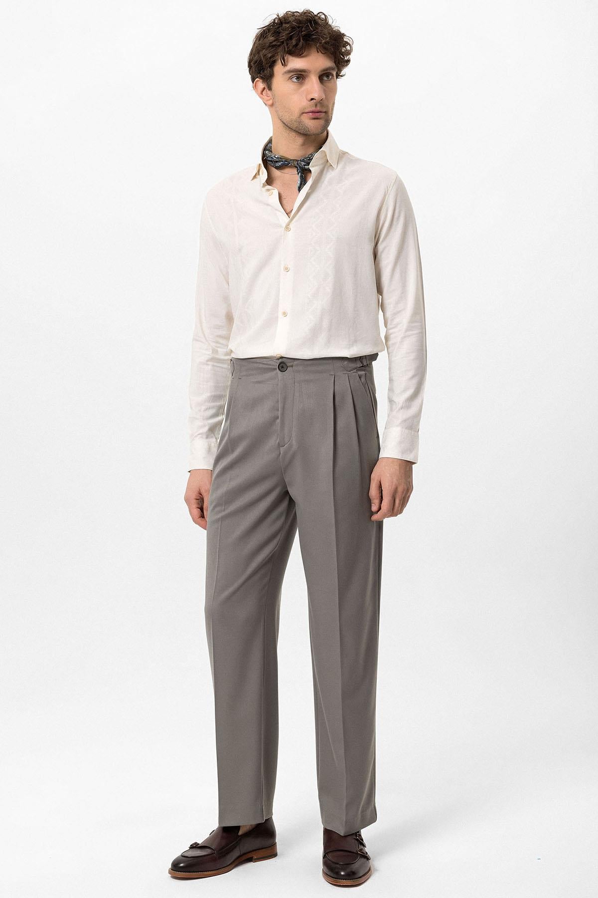 Antioch-Açık Haki Yüksek Bel Toka Detaylı Rahat Kalıp Erkek Pantolon-Kumaş Pantolon-1-Milagron.com