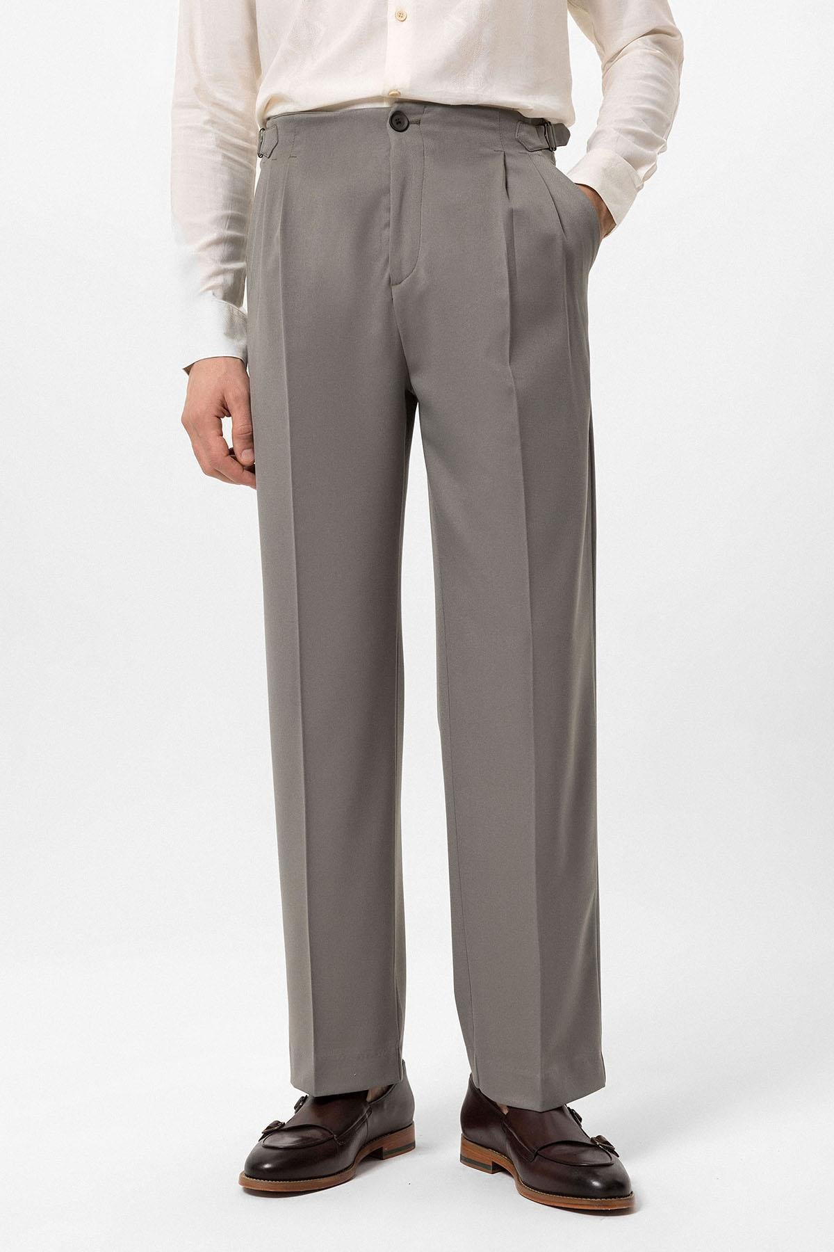 Antioch-Açık Haki Yüksek Bel Toka Detaylı Rahat Kalıp Erkek Pantolon-Kumaş Pantolon-2-Milagron.com