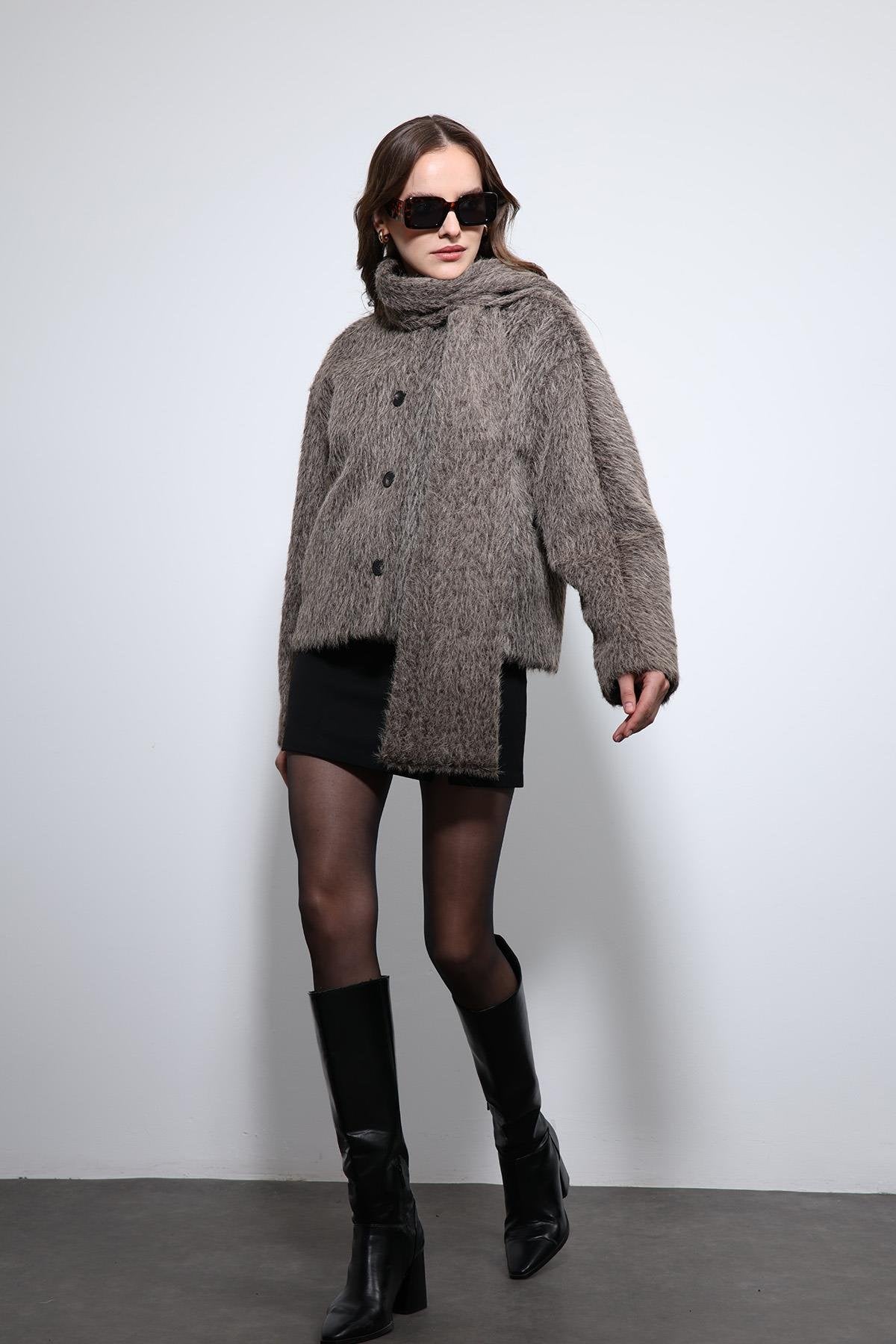 Antioch-Açık Kahve Atkı Yaka Suni Kürklü Kaban-Kaban-1-Milagron.com