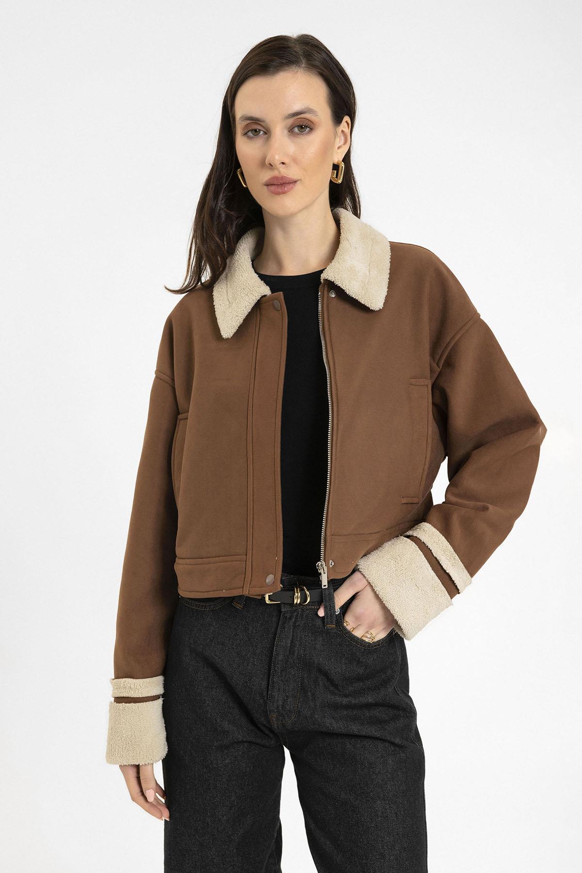 Antioch-Açık Kahve Kadın Astar Detaylı Dokulu Mont-Mont-1-Milagron.com