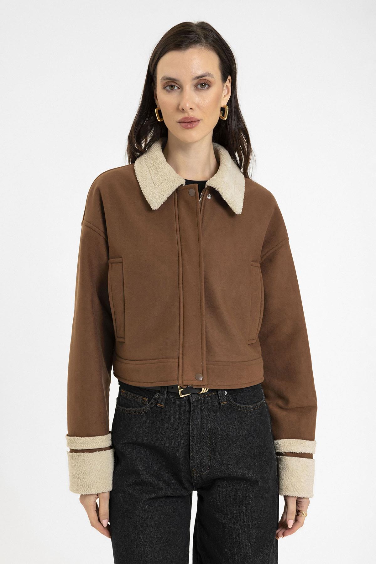 Antioch-Açık Kahve Kadın Astar Detaylı Dokulu Mont-Mont-2-Milagron.com