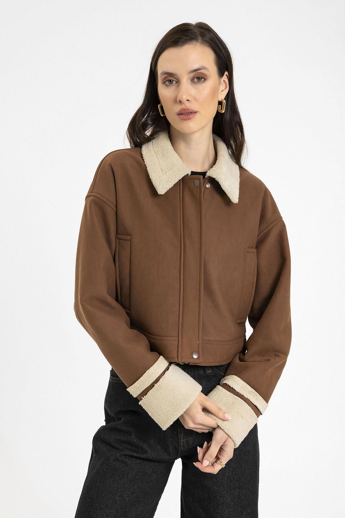 Antioch-Açık Kahve Kadın Astar Detaylı Dokulu Mont-Mont-4-Milagron.com