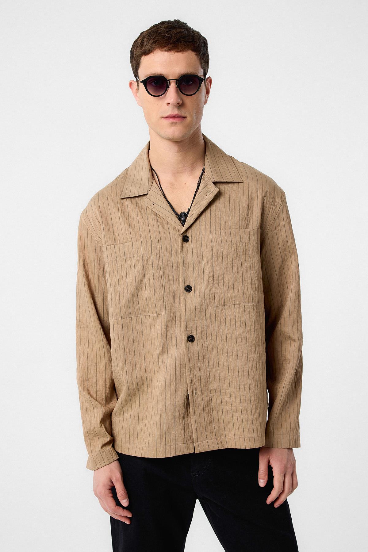 Antioch-Açık Kahve Modal Kumaş Çizgili Erkek Gömlek-Gömlek-1-Milagron.com