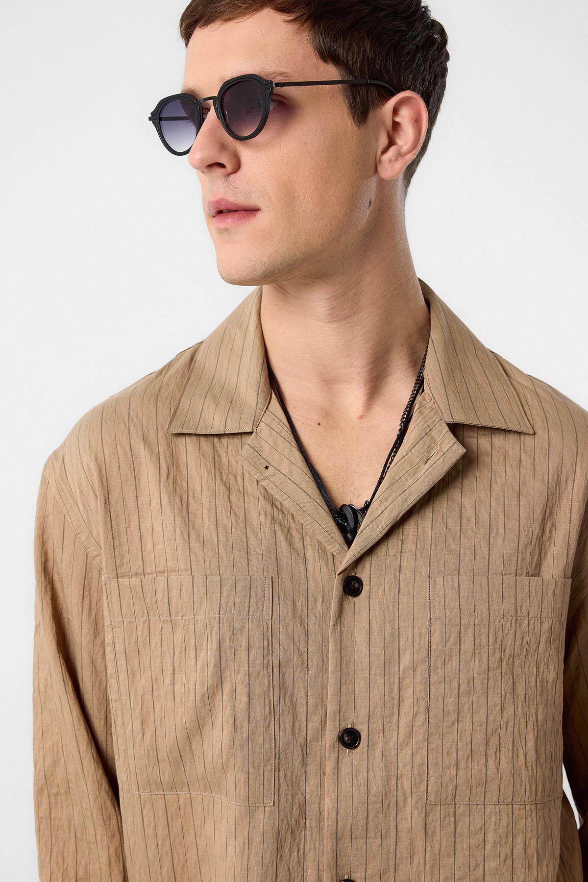 Antioch-Açık Kahve Modal Kumaş Çizgili Erkek Gömlek-Gömlek-3-Milagron.com