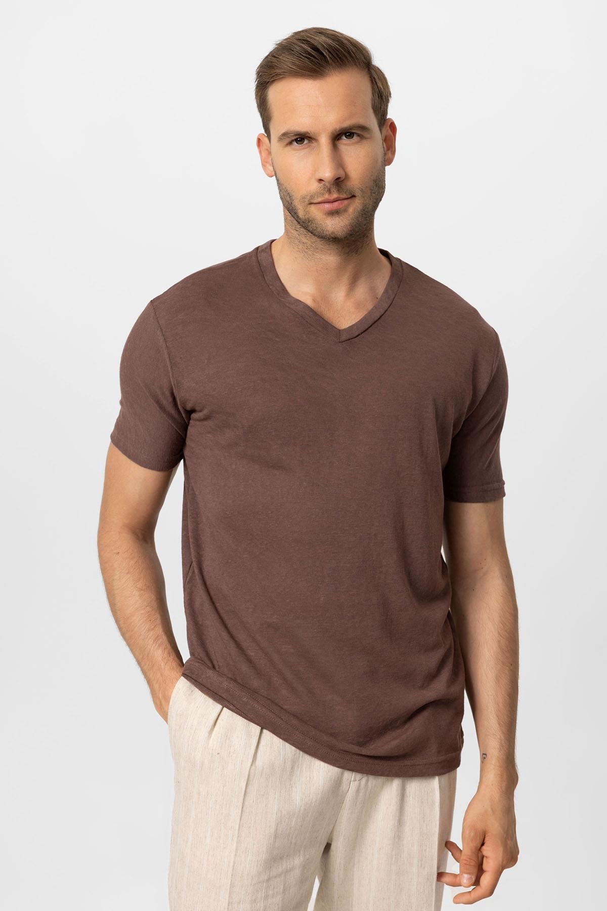 Antioch-Açık Kahve V Yaka Basic Erkek T Shirt-T-Shirts-1-Milagron.com
