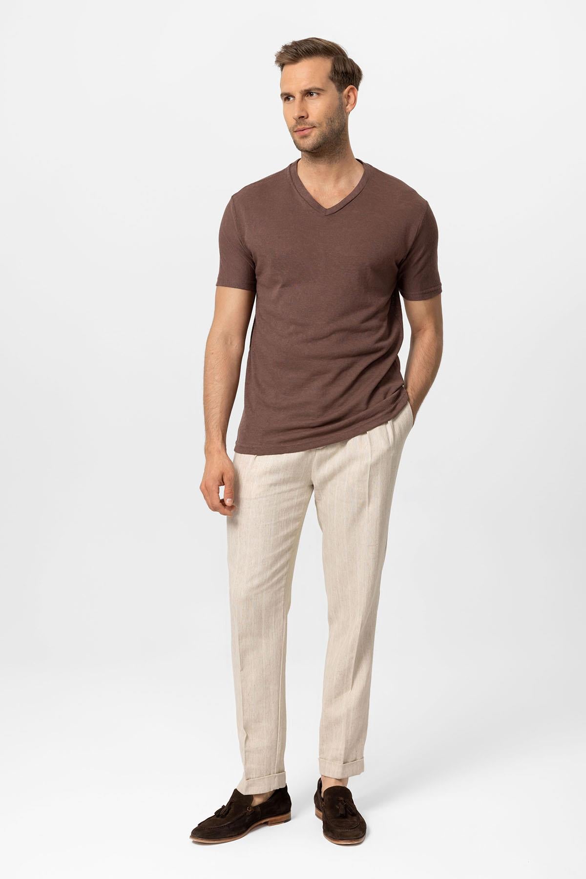 Antioch-Açık Kahve V Yaka Basic Erkek T Shirt-T-Shirts-4-Milagron.com