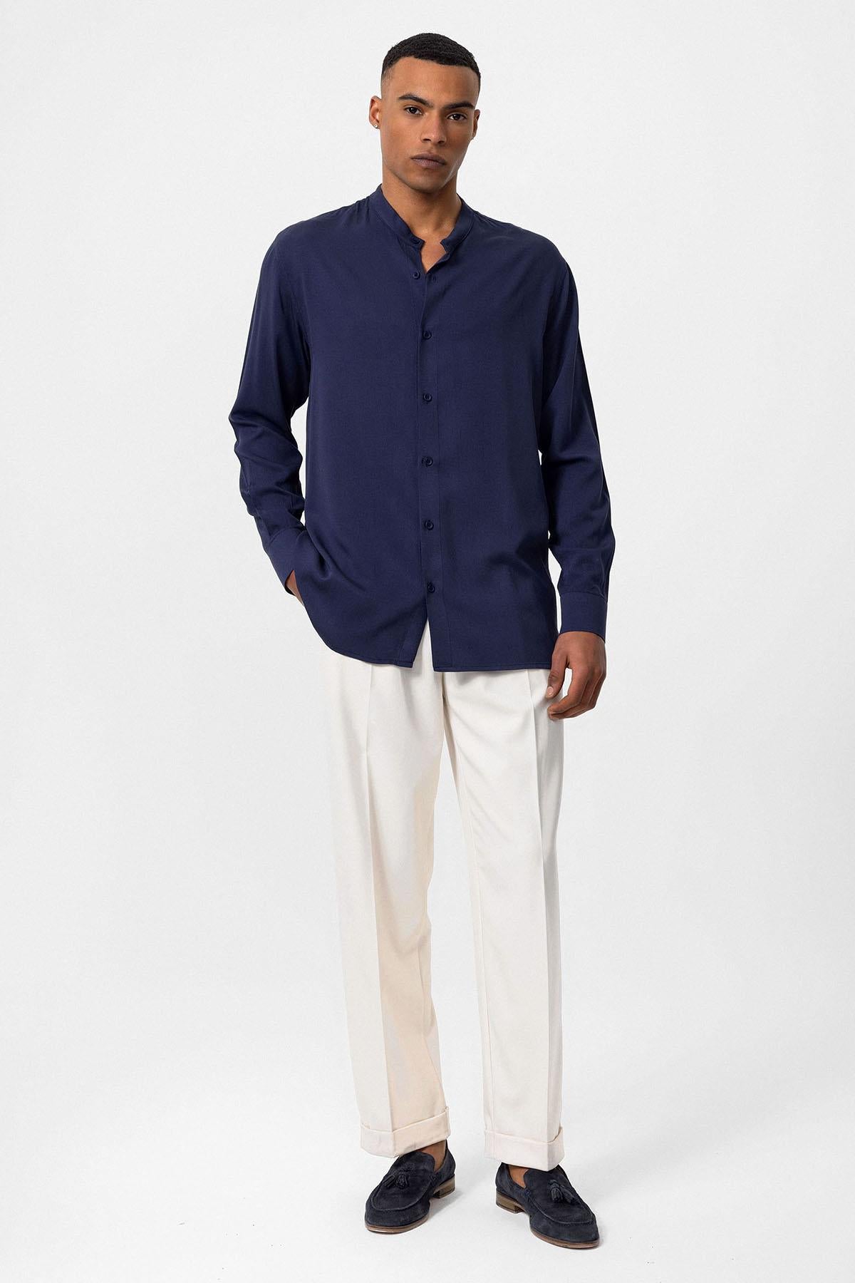 Antioch-Açık Lacivert Hakim Yaka Regular Fit Erkek Gömlek-Gömlek-3-Milagron.com