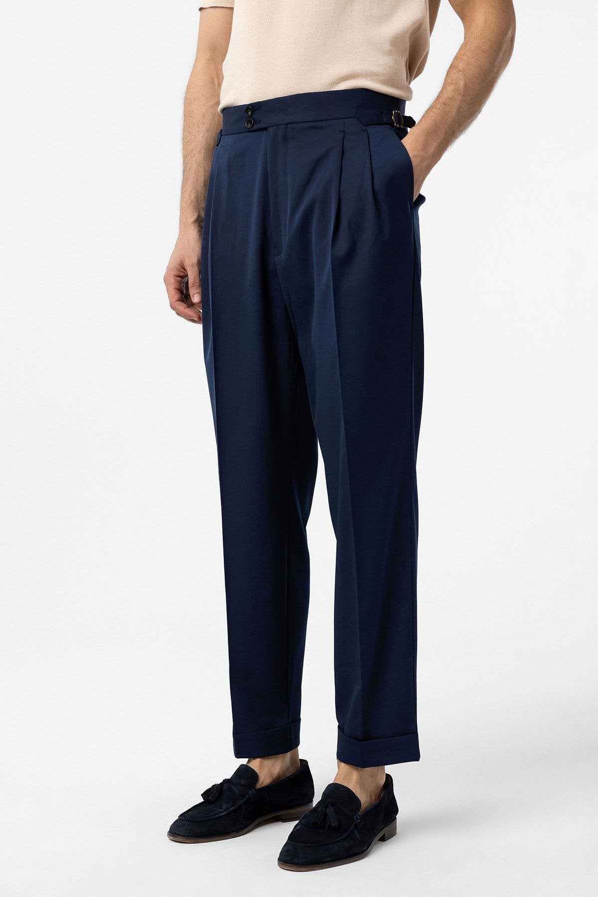 Antioch-Açık Lacivert Yüksek Bel İtalyan Kalıp Pileli Erkek Pantolon-Kumaş Pantolon-1-Milagron.com