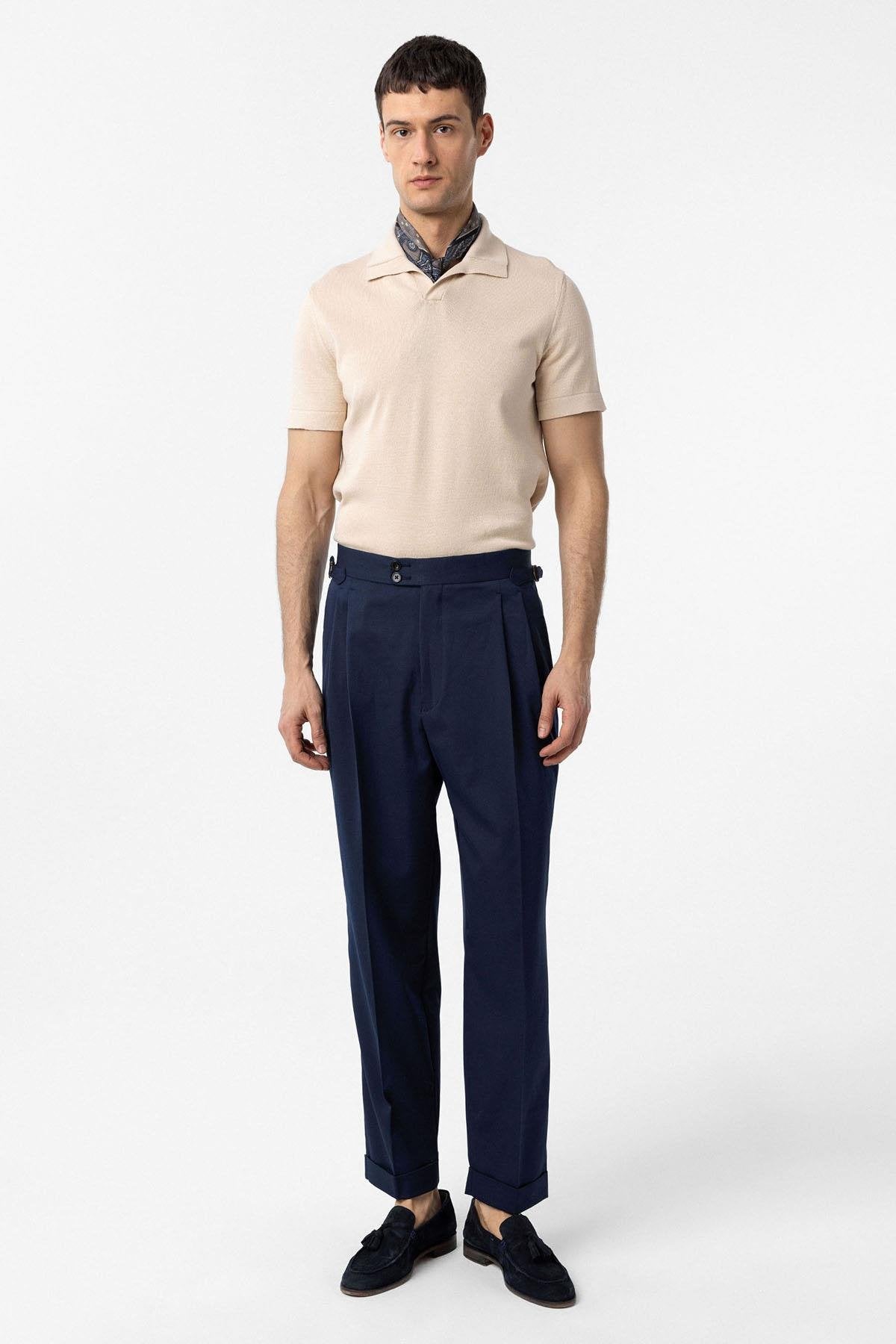 Antioch-Açık Lacivert Yüksek Bel İtalyan Kalıp Pileli Erkek Pantolon-Kumaş Pantolon-2-Milagron.com