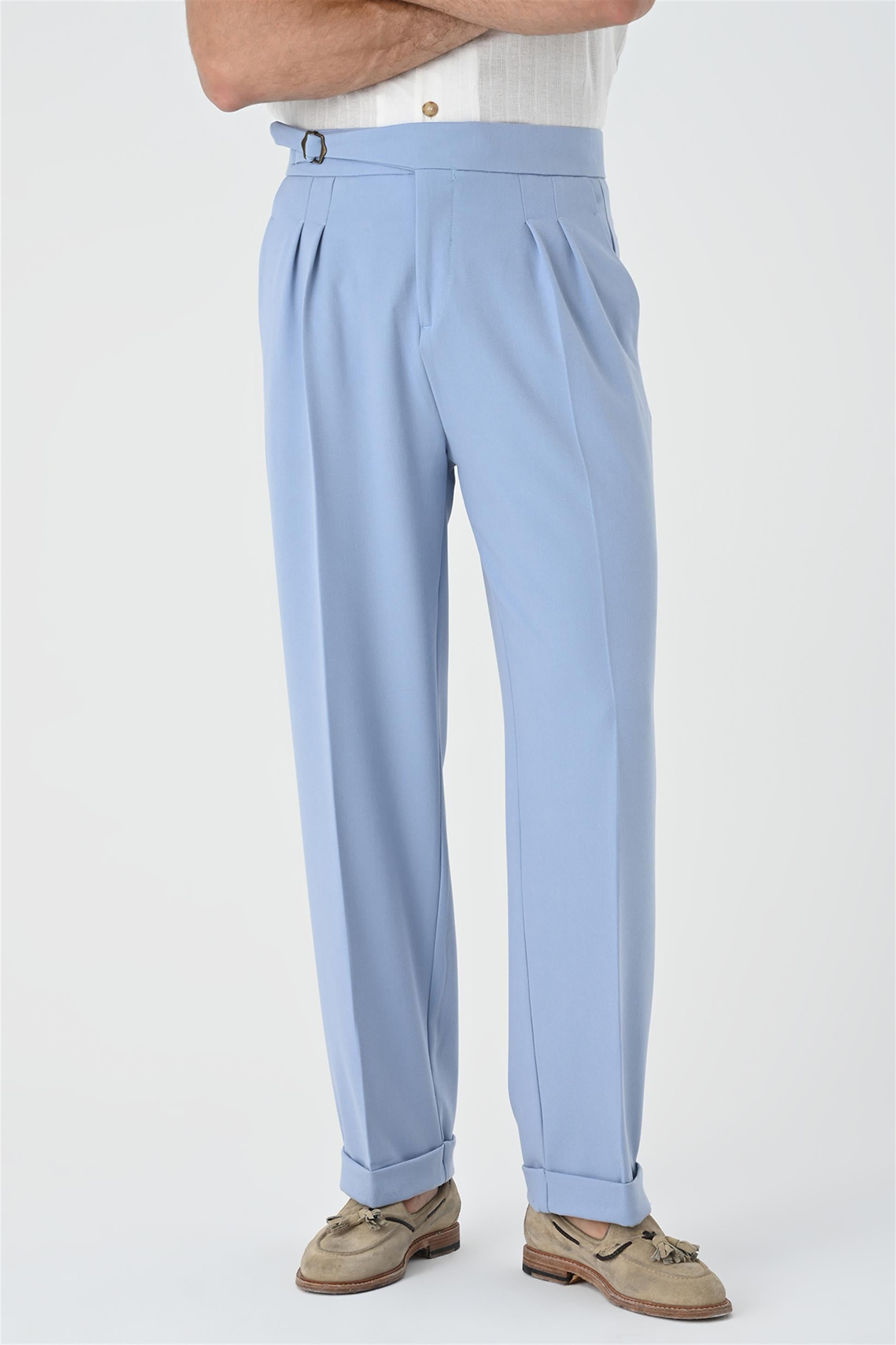 Antioch-Açık Mavi Toka Detaylı Pileli Yüksek Bel Erkek Pantolon-Pantolon-1-Milagron.com