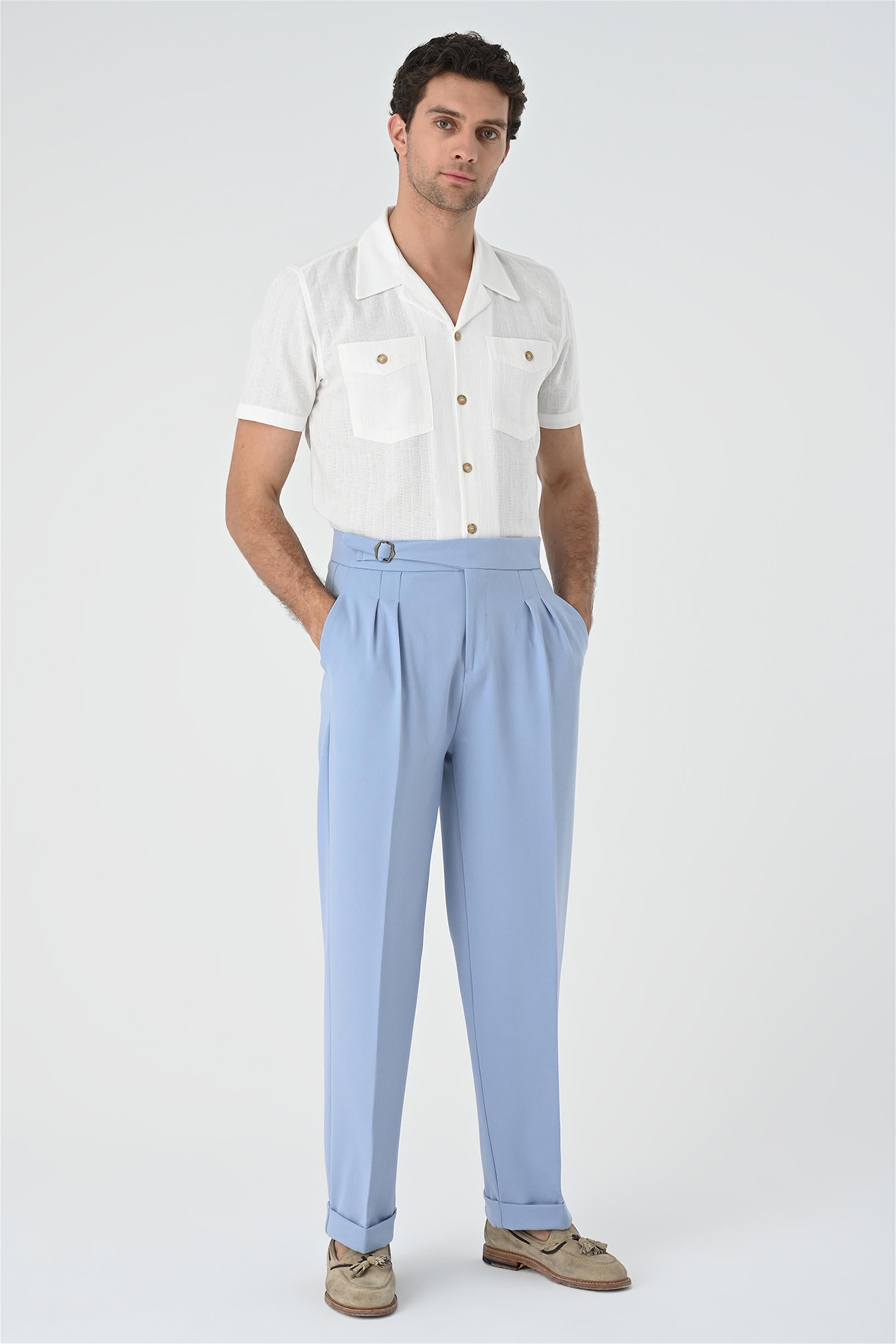 Antioch-Açık Mavi Toka Detaylı Pileli Yüksek Bel Erkek Pantolon-Pantolon-2-Milagron.com