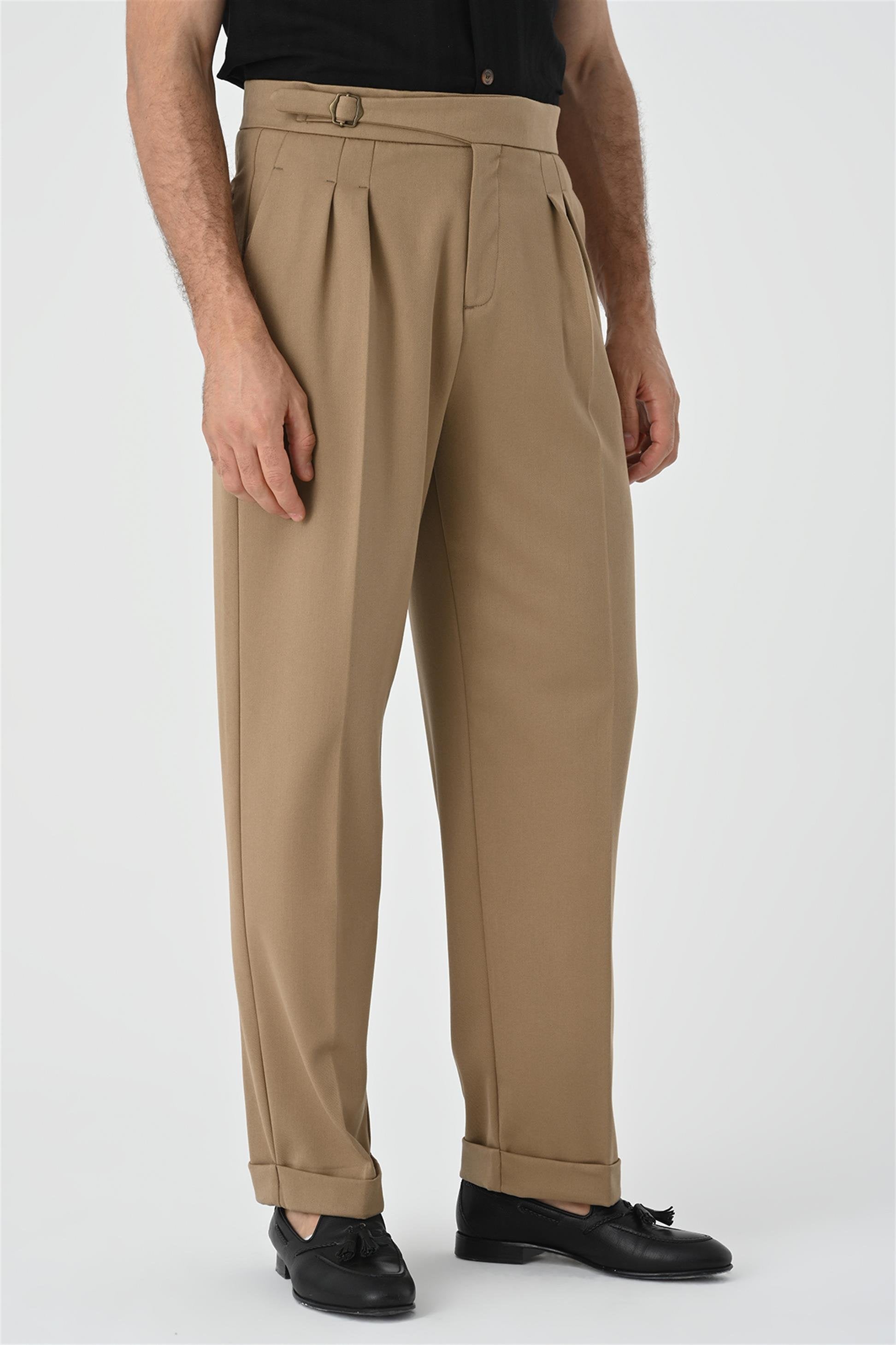 Antioch-Açık Vizon Toka Detaylı Pileli Yüksek Bel Erkek Pantolon-Kumaş Pantolon-3-Milagron.com