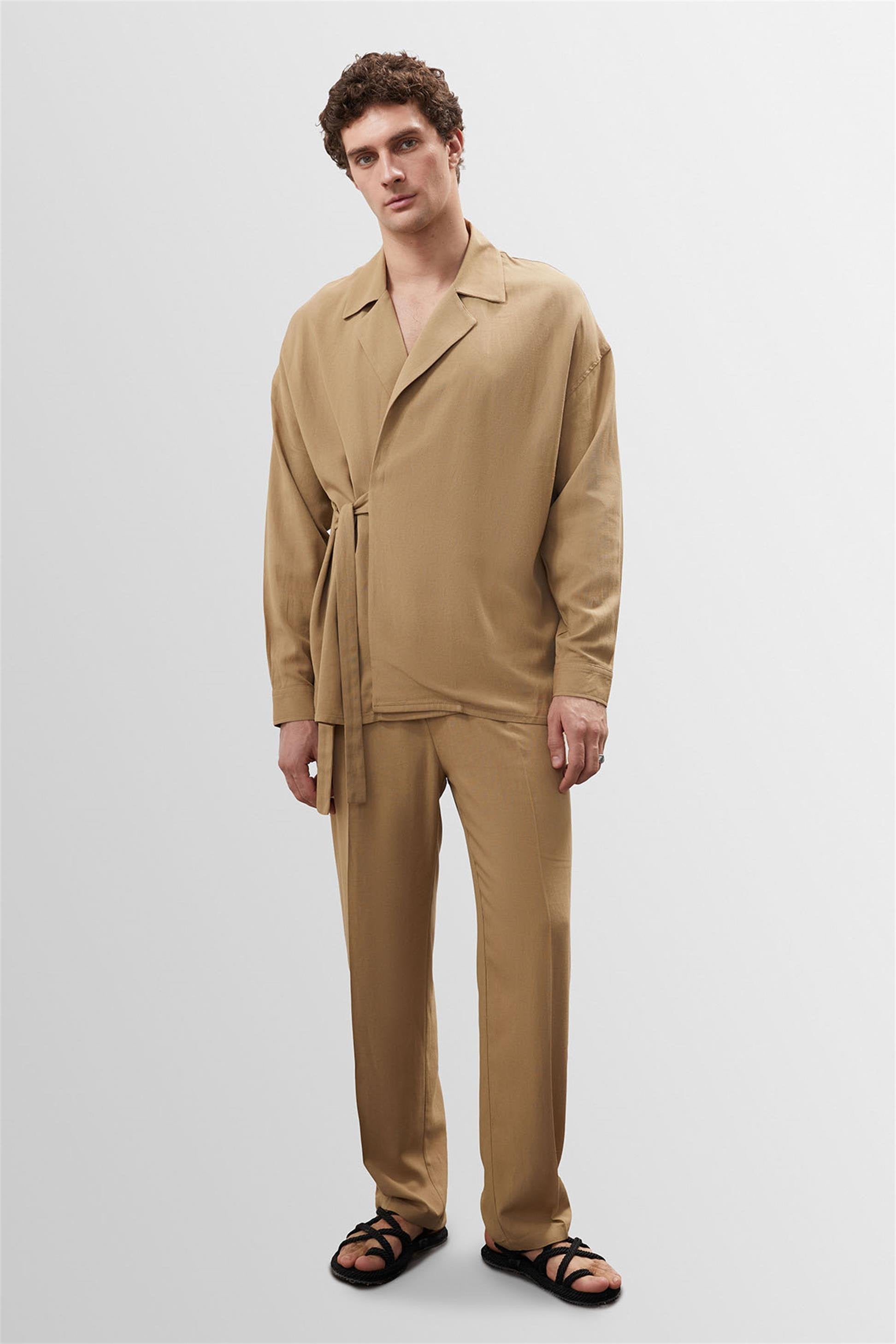 Antioch-Açık Vizon Yüksek Bel Pileli Keten Karışımlı Erkek Pantolon-Pantolon-7-Milagron.com