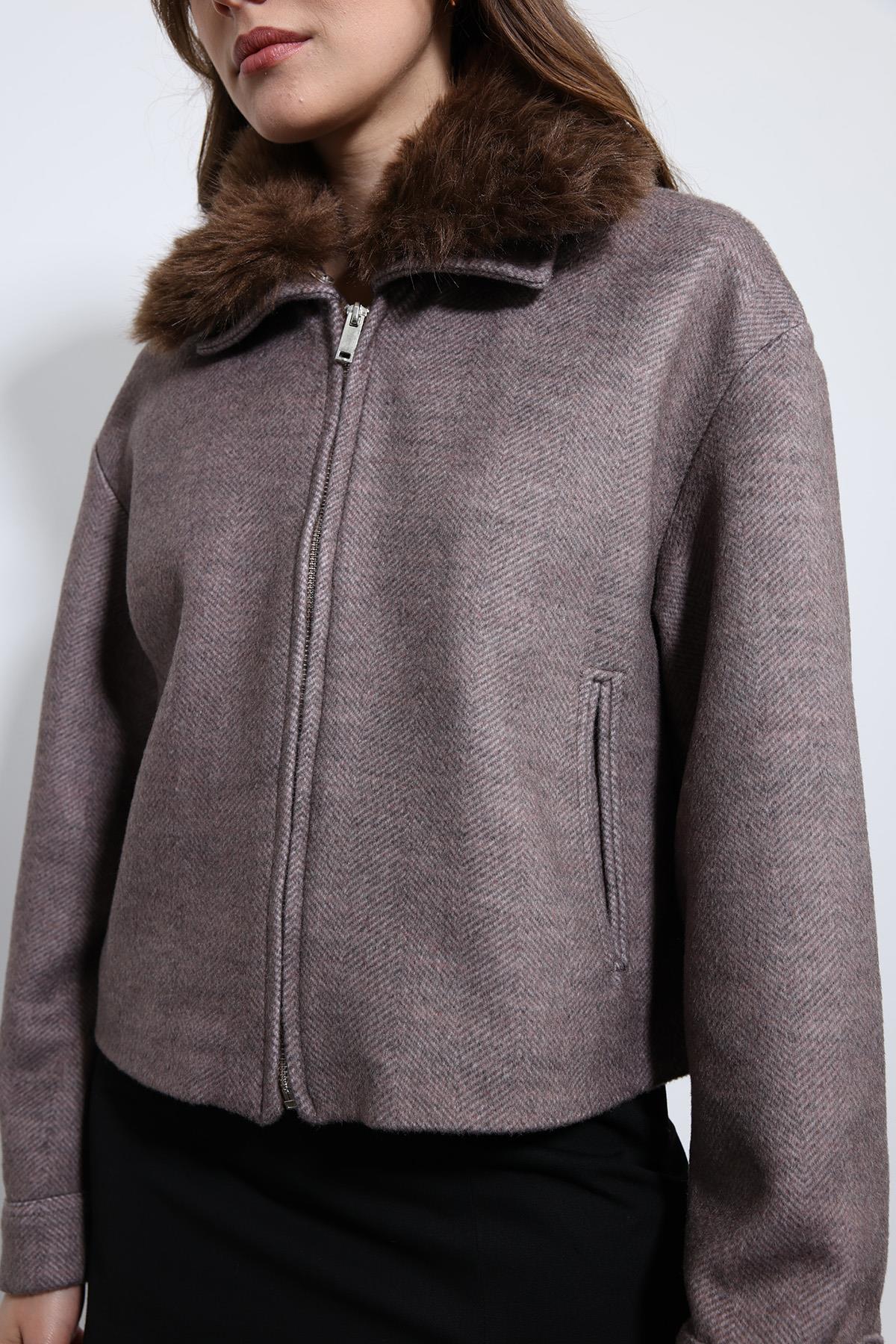 Antioch-Açık Vizon Yün Karışımlı Suni Kürk Yaka Ceket-Ceket-11-Milagron.com