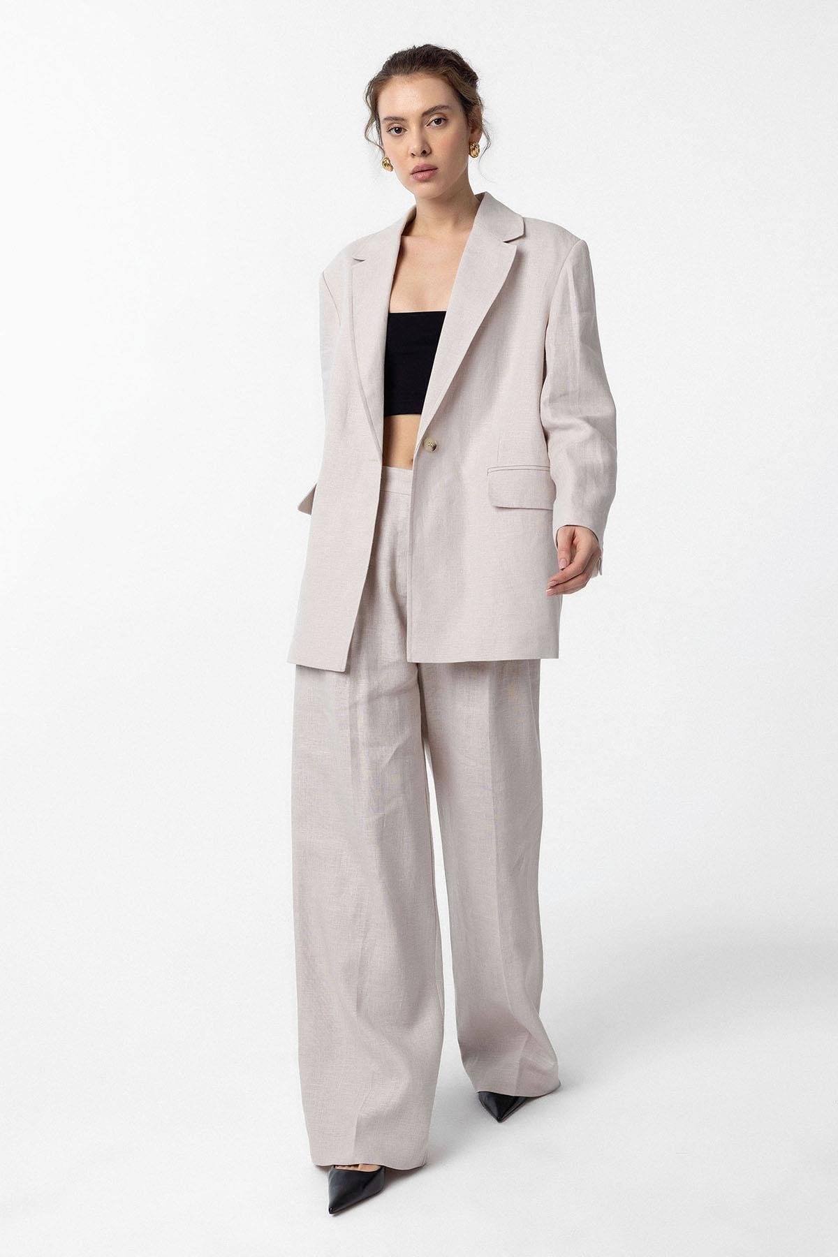 Antioch-Antioch Bej 100% Keten Kadın Blazer Ceket-Blazer Ceket-3-Milagron.com