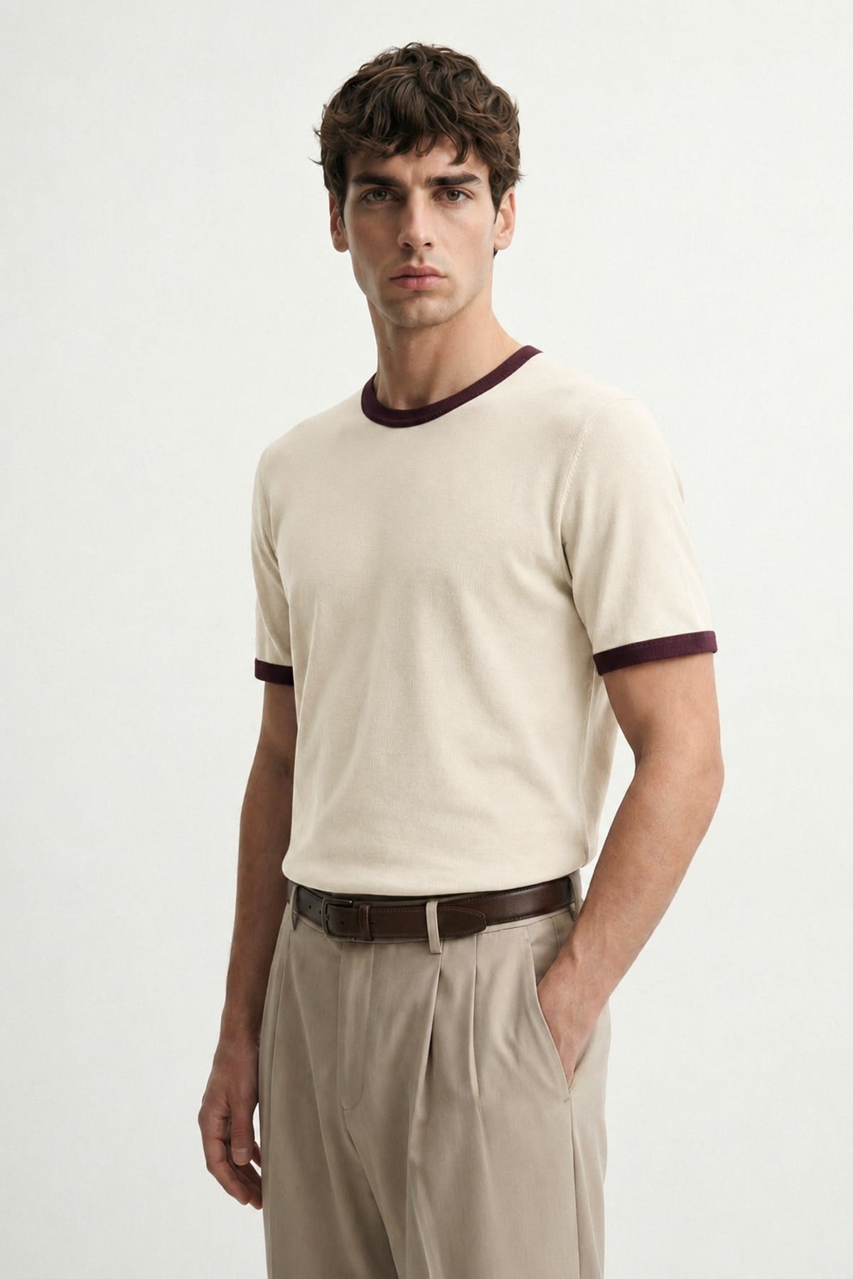 Antioch Bej Kontrast Yaka Erkek T-Shirt