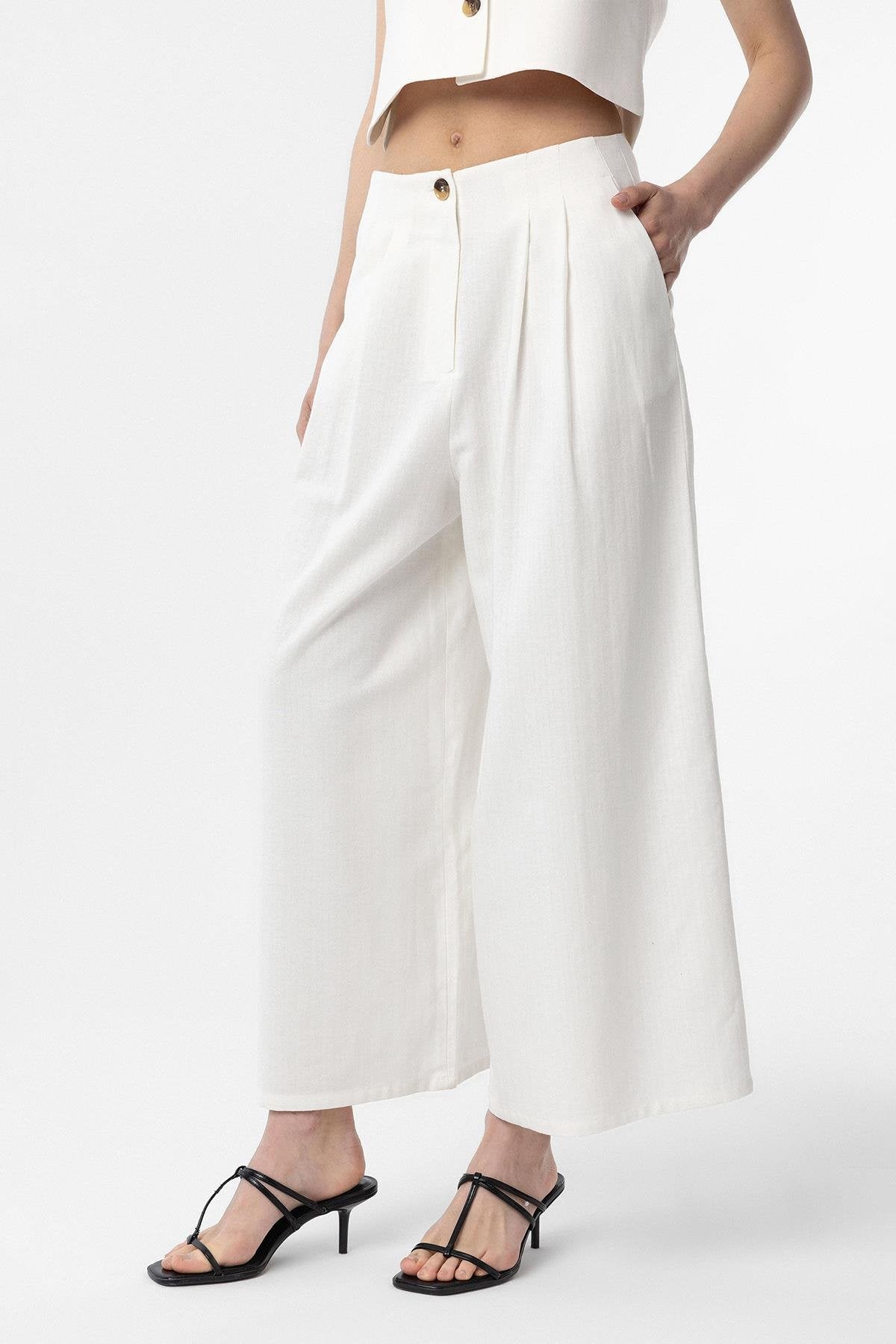 Antioch-Antioch Beyaz Keten Karışımlı Kadın Culotte Pantolon-Kumaş Pantolon-2-Milagron.com