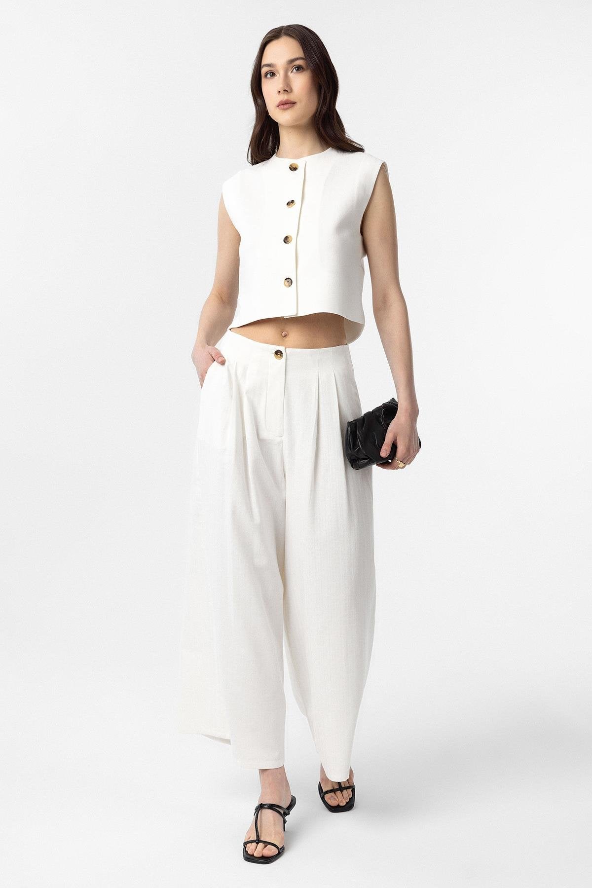 Antioch-Antioch Beyaz Keten Karışımlı Kadın Culotte Pantolon-Kumaş Pantolon-3-Milagron.com