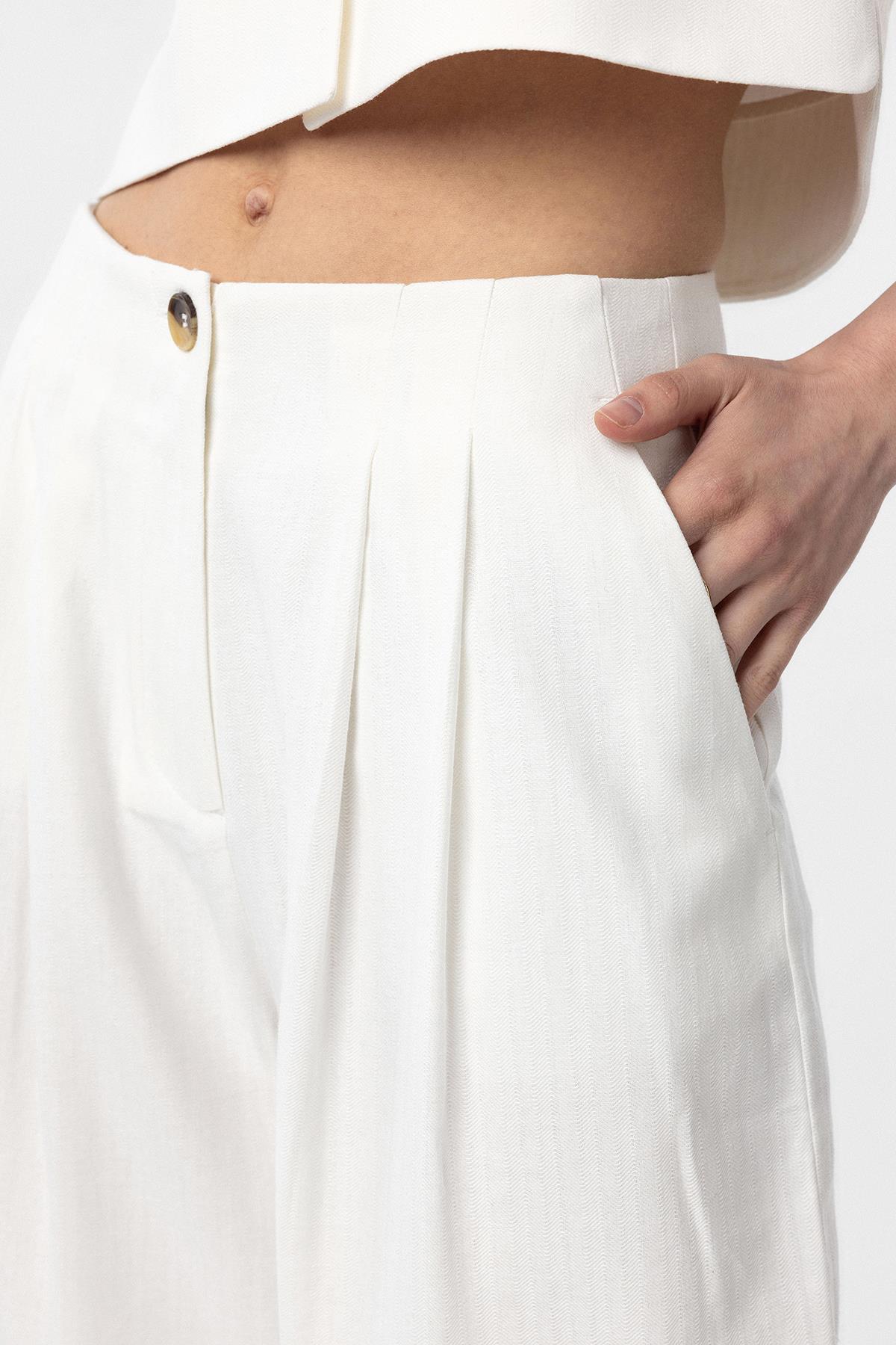 Antioch-Antioch Beyaz Keten Karışımlı Kadın Culotte Pantolon-Kumaş Pantolon-4-Milagron.com