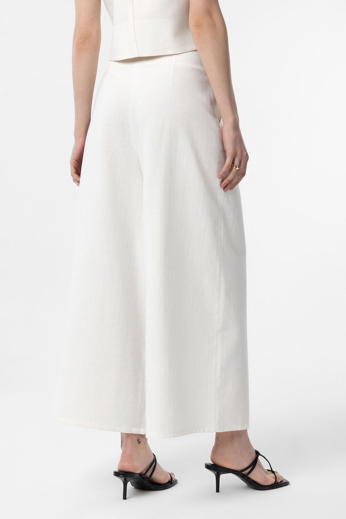 Antioch-Antioch Beyaz Keten Karışımlı Kadın Culotte Pantolon-Kumaş Pantolon-5-Milagron.com