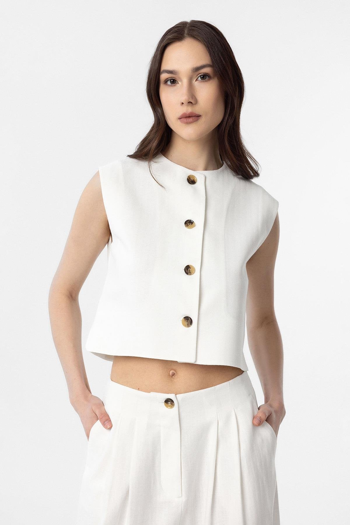 Antioch-Antioch Beyaz Keten Karışımlı Kadın Yelek-Yelek-2-Milagron.com