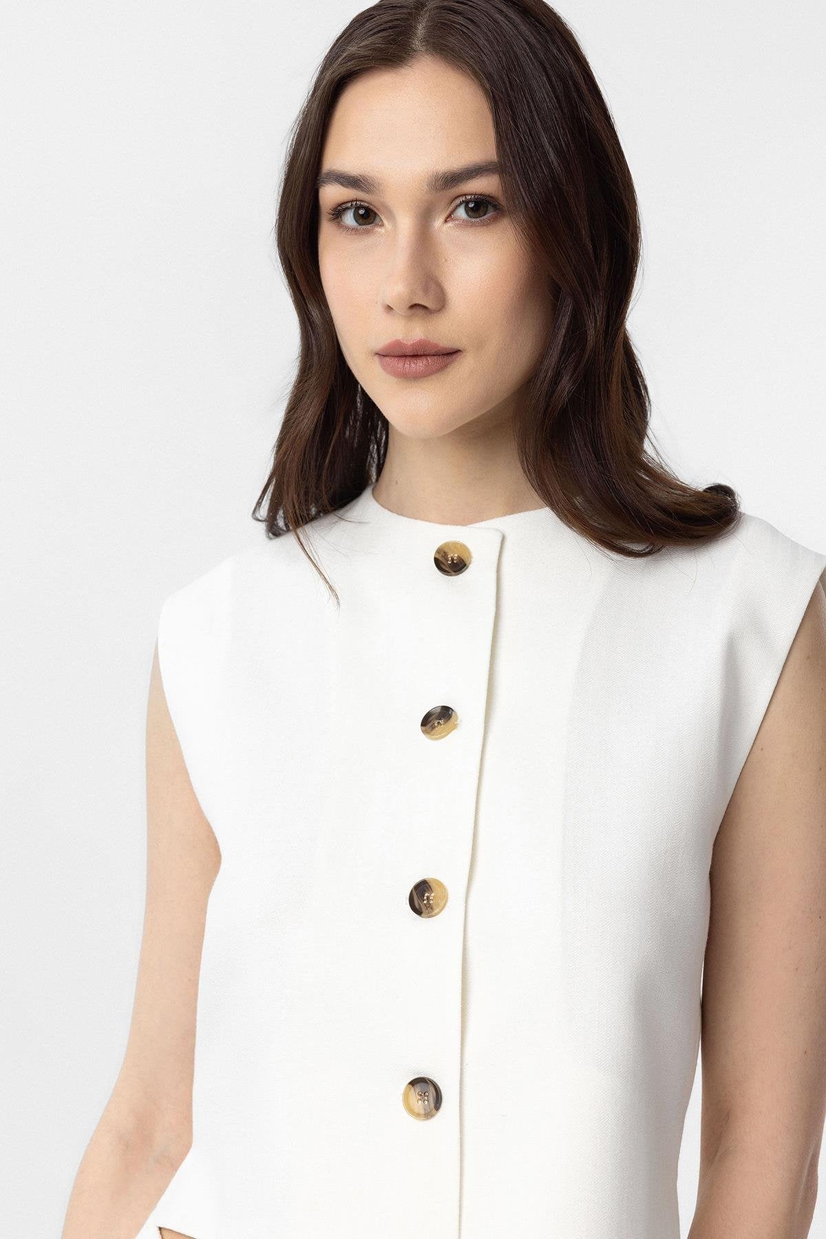 Antioch-Antioch Beyaz Keten Karışımlı Kadın Yelek-Yelek-4-Milagron.com