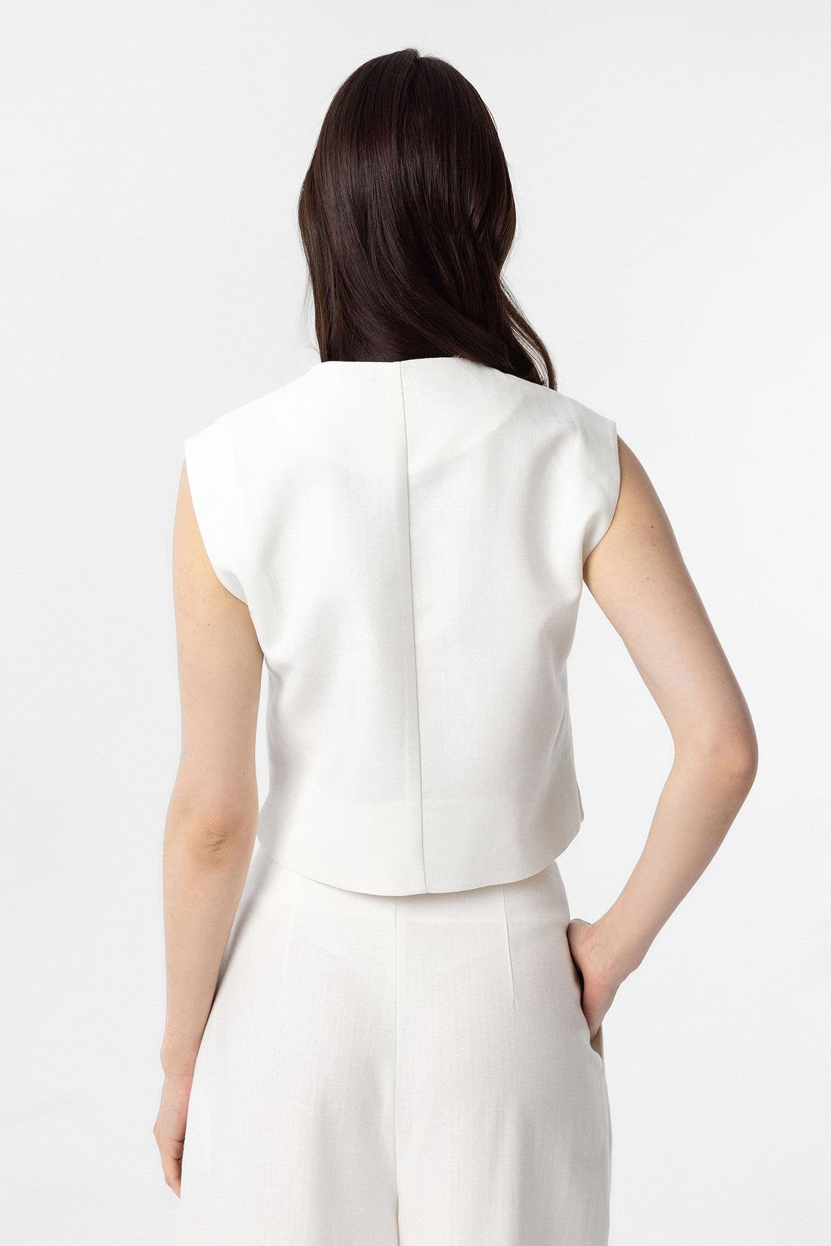 Antioch-Antioch Beyaz Keten Karışımlı Kadın Yelek-Yelek-5-Milagron.com