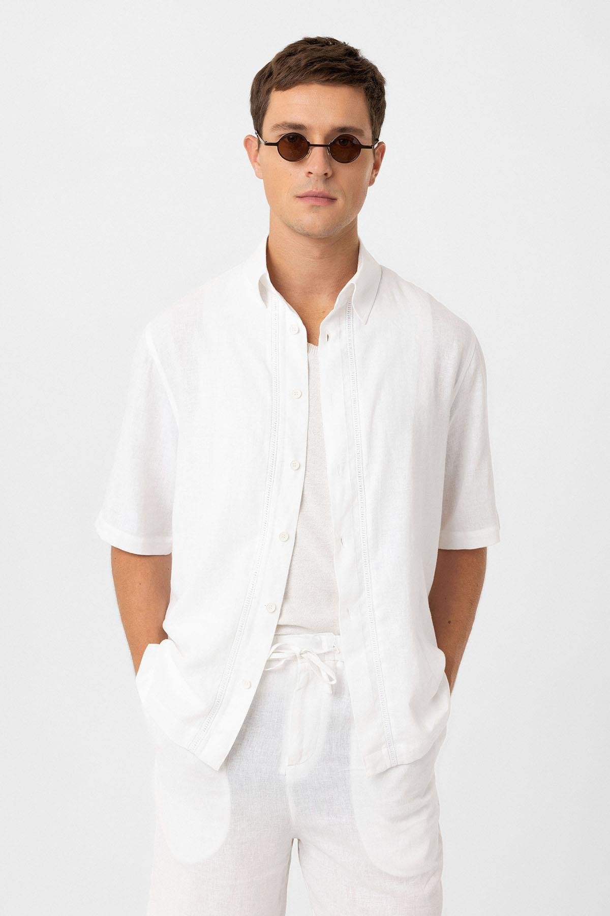 Antioch-Antioch Beyaz Keten Karışımlı Relaxed Erkek Gömlek-Gömlek-3-Milagron.com